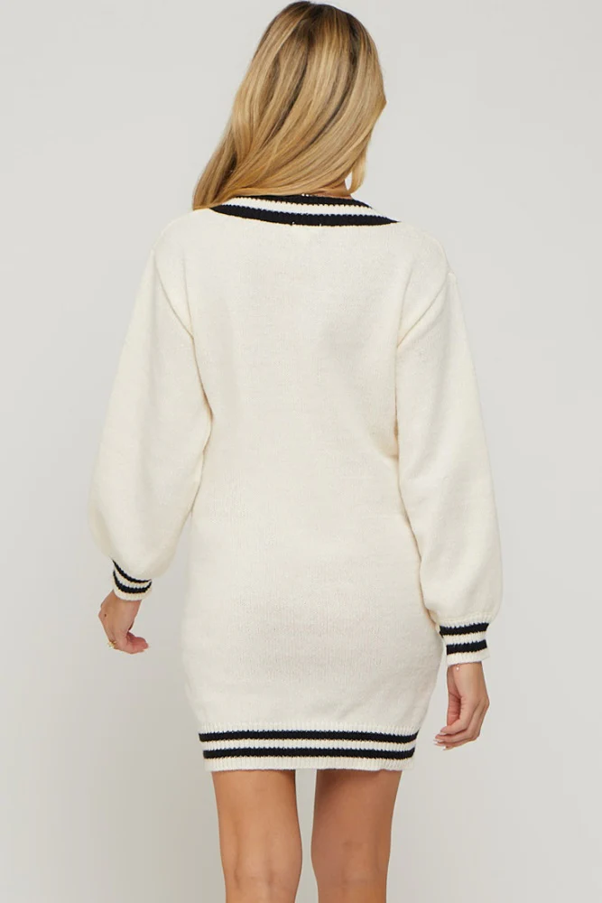 Ivory Oversized Varsity Striped V-Neck Maternity Sweater Dress - Image 3