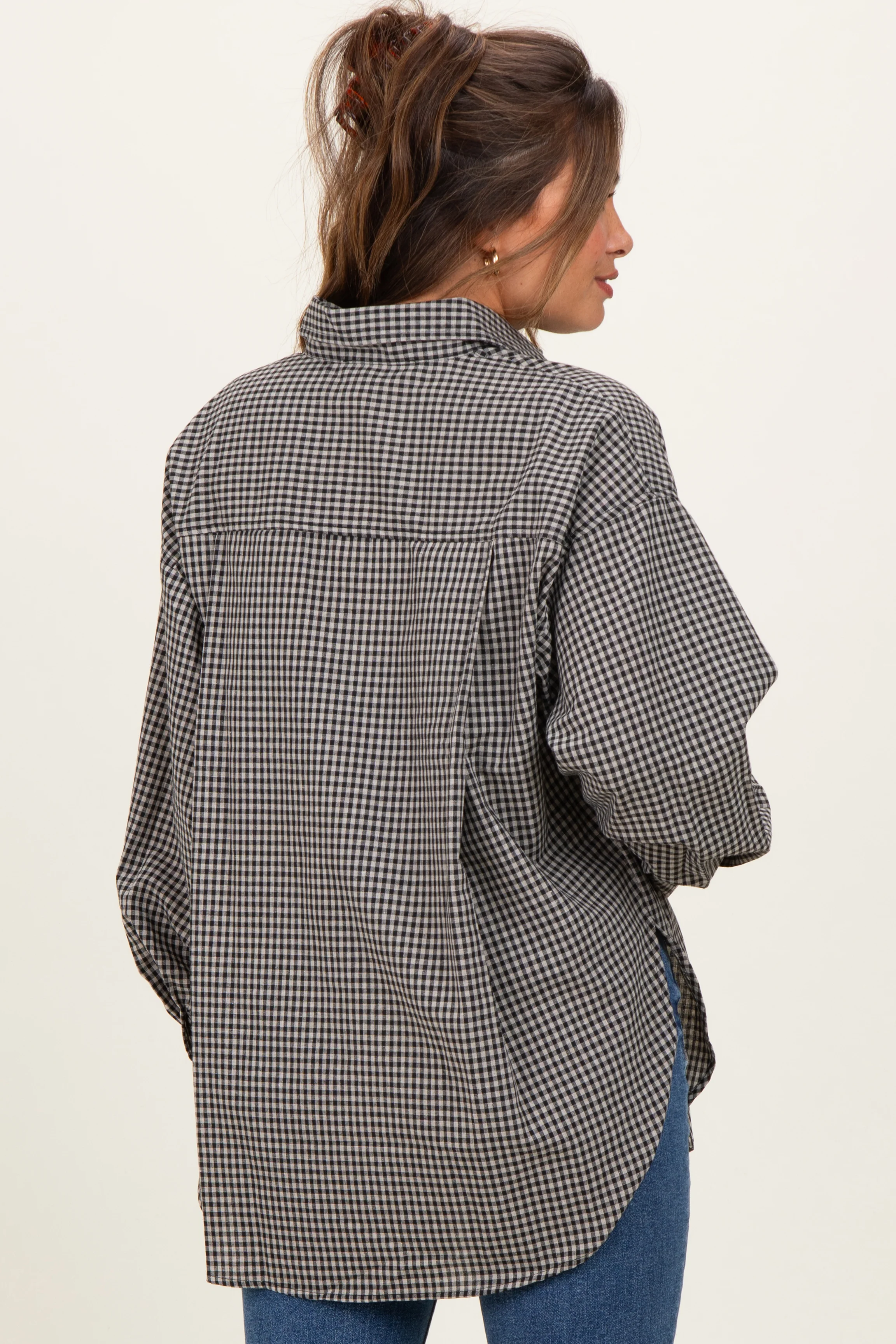 Ivory Plaid Linen Blend Maternity Button Down Shirt - Image 3