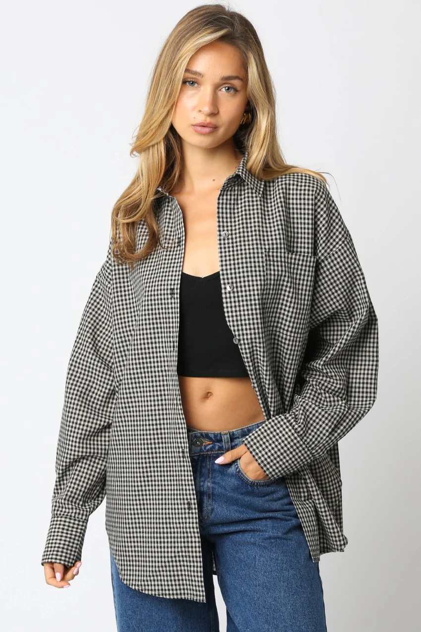 Ivory Plaid Linen Blend Maternity Button Down Shirt - Image 4