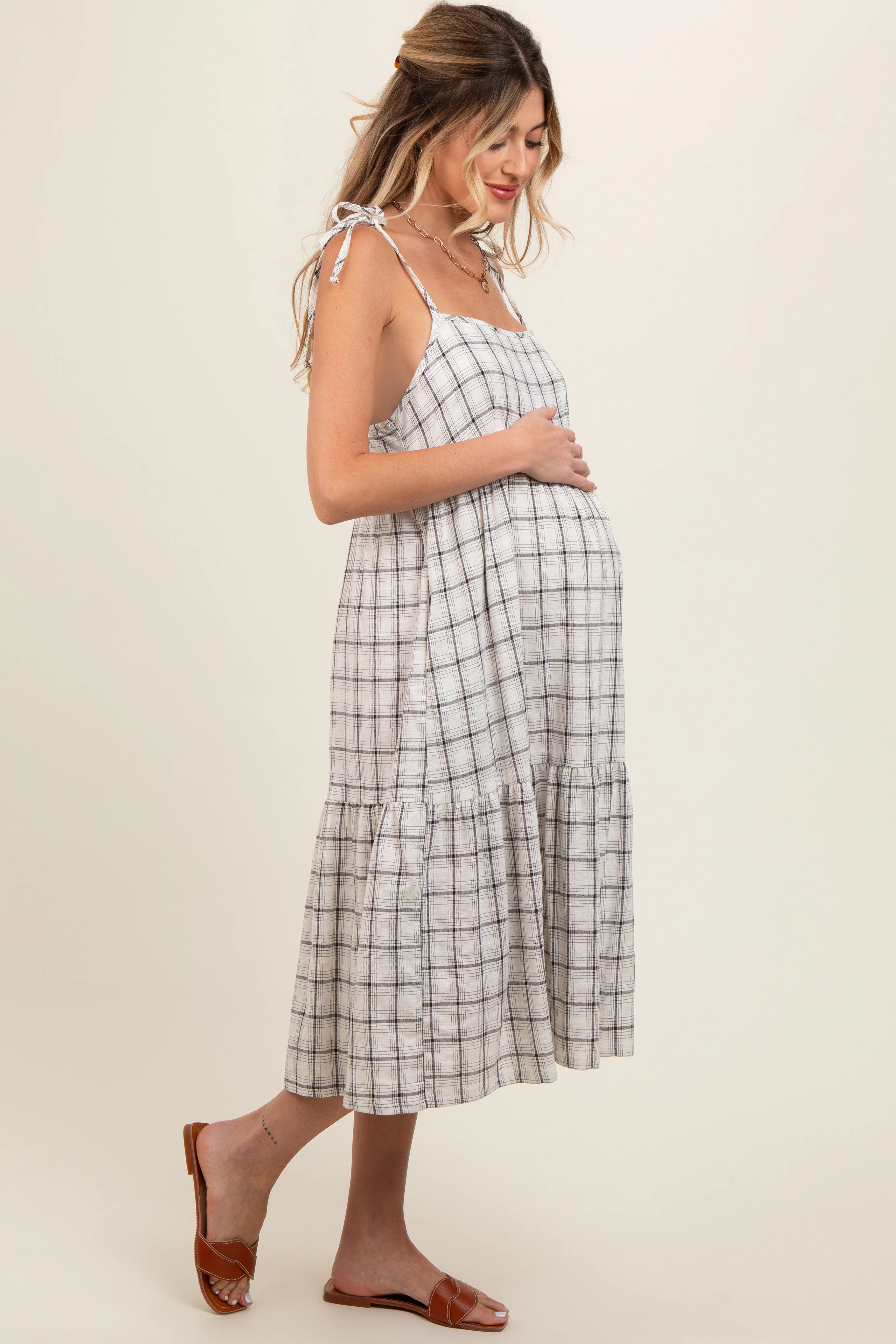 Ivory Plaid Shoulder Tie Maternity Midi Dress - Image 3