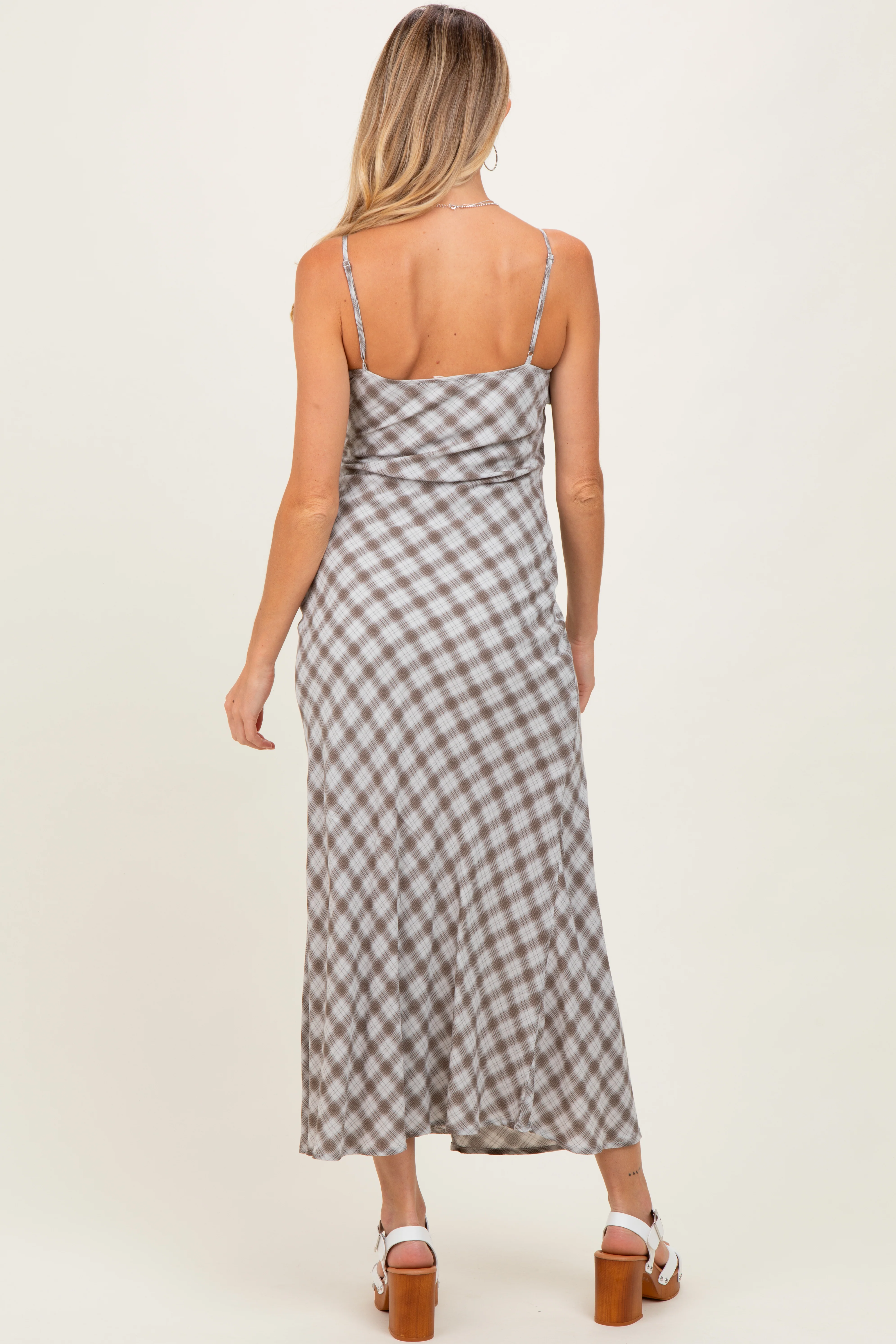 Ivory Plaid Sleeveless Maternity Maxi Dress - Image 4