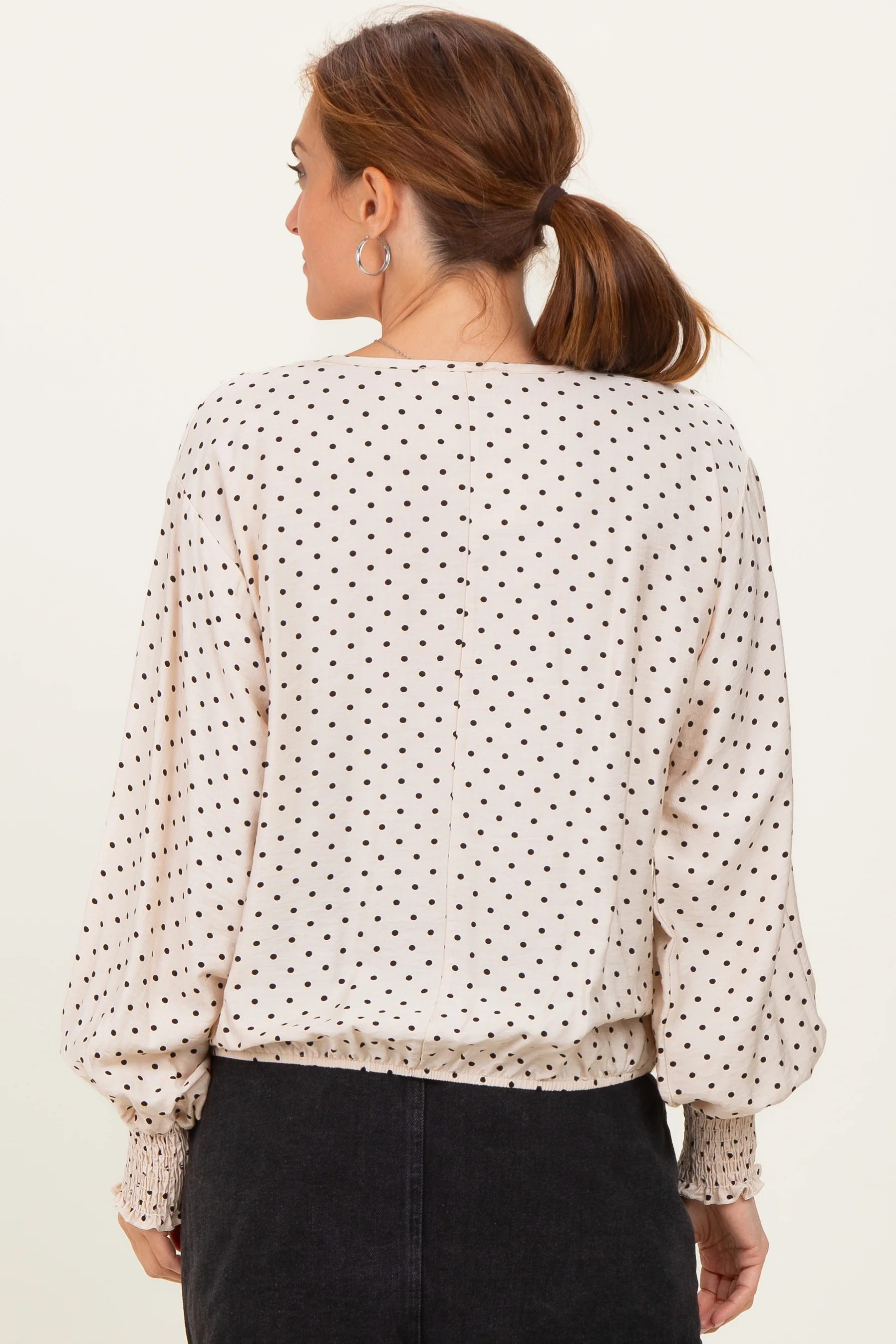 Ivory Polka Dot Long Sleeve Smocked Top - Image 4