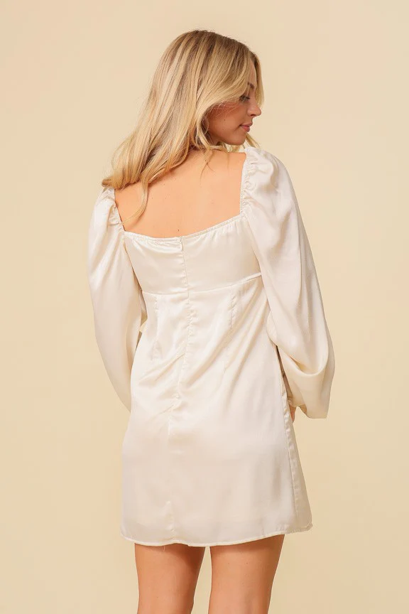 Ivory Puffy Sleeve Front Tie Satin Dress - Image 3