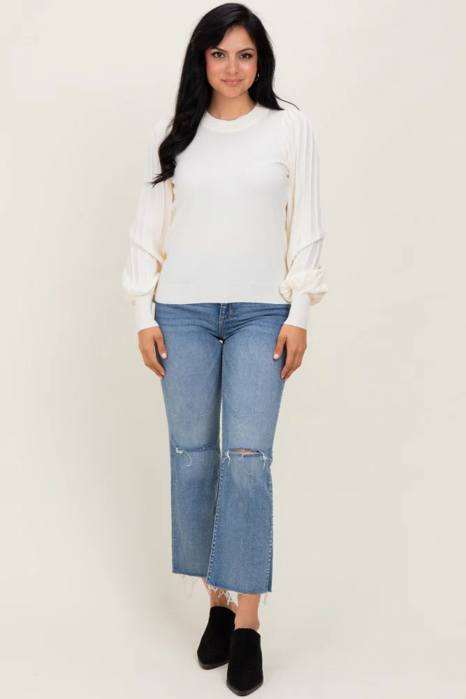 Ivory Ribbed Bubble Sleeve Knit Top - Image 2