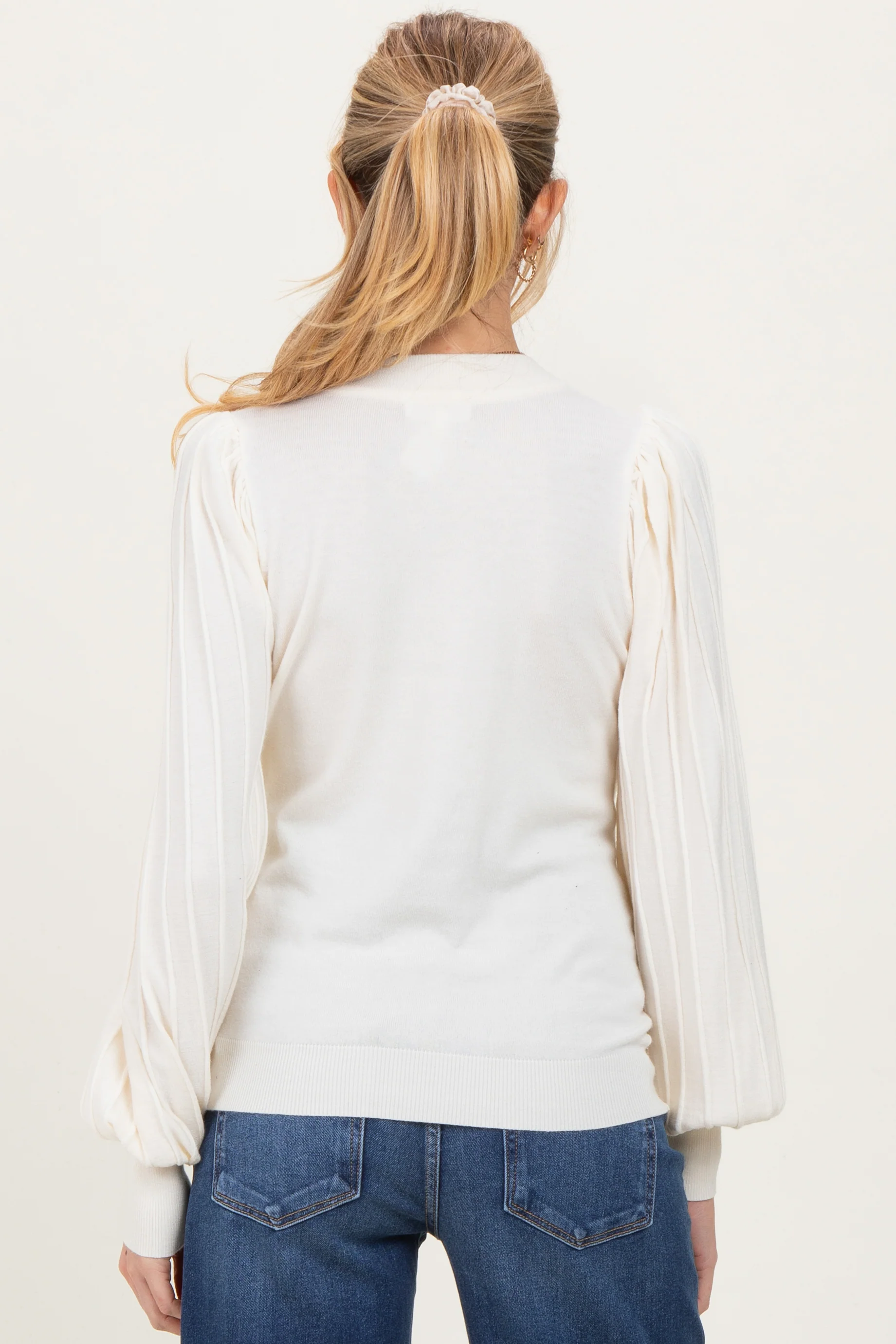 Ivory Ribbed Bubble Sleeve Maternity Knit Top - Image 3