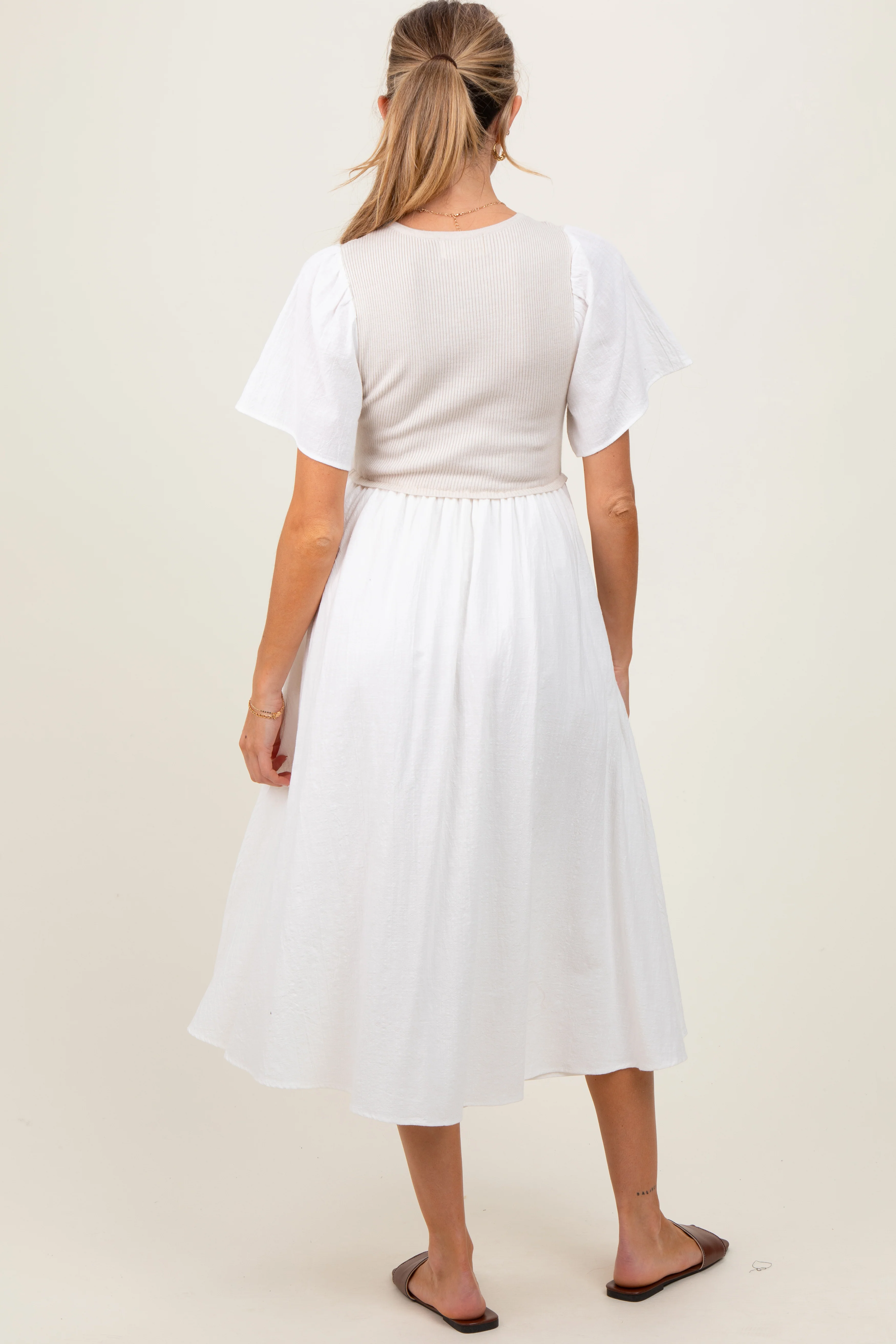 Ivory Ribbed Knit Contrast Top Maternity Midi Dress - Image 4