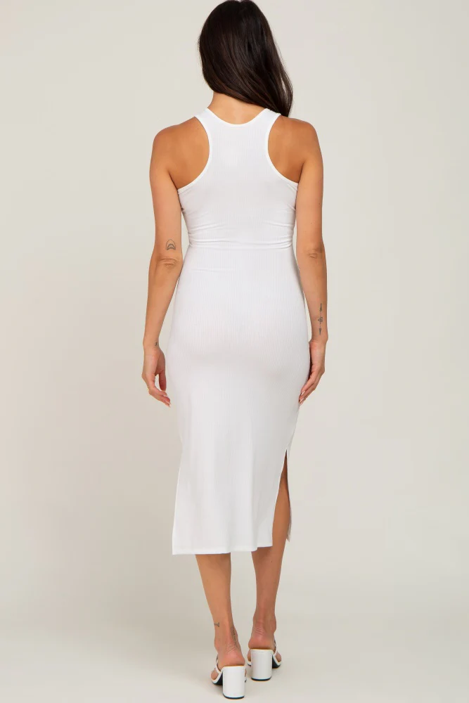 Ivory Ribbed Side Slit Midi Dress - Image 3