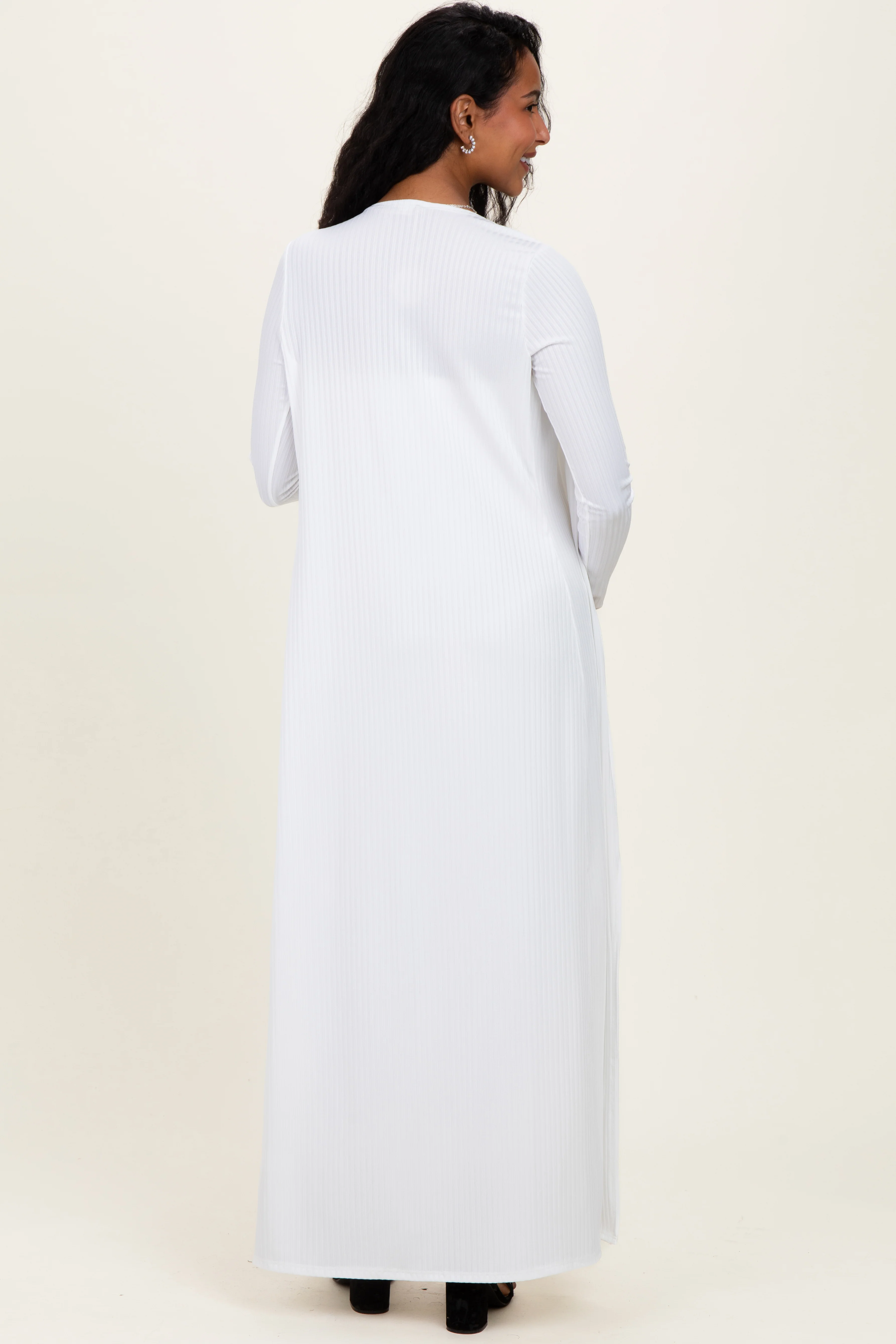 Ivory Ribbed Sleeveless Dress Cardigan Maternity Set - Image 3