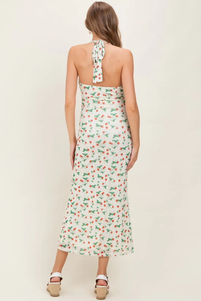Ivory Strawberry Print Ruffle Detail Halter Maternity Maxi Dress - Image 4