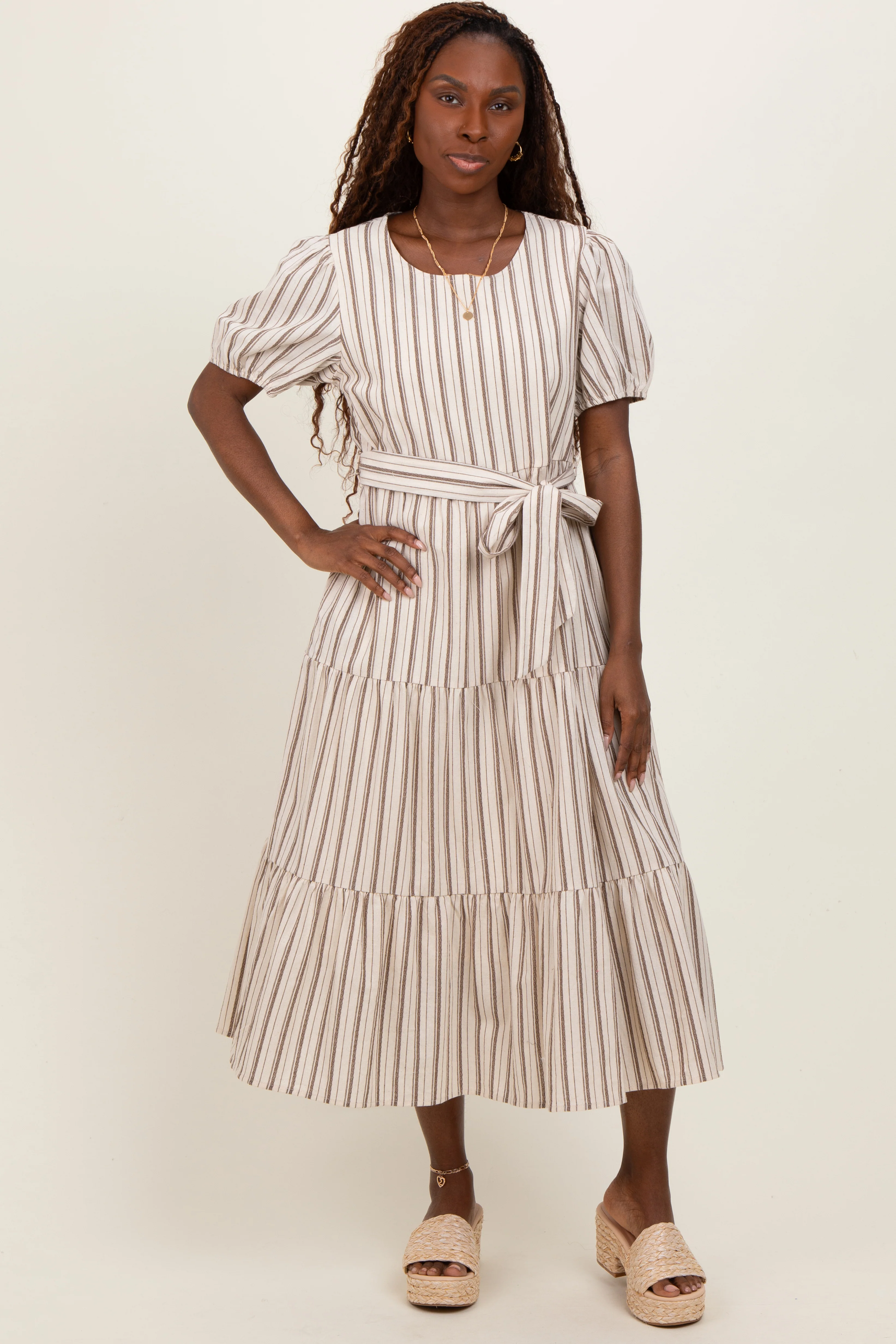 Ivory Stripe Tiered Tied Waist Maternity Midi Dress - Image 4