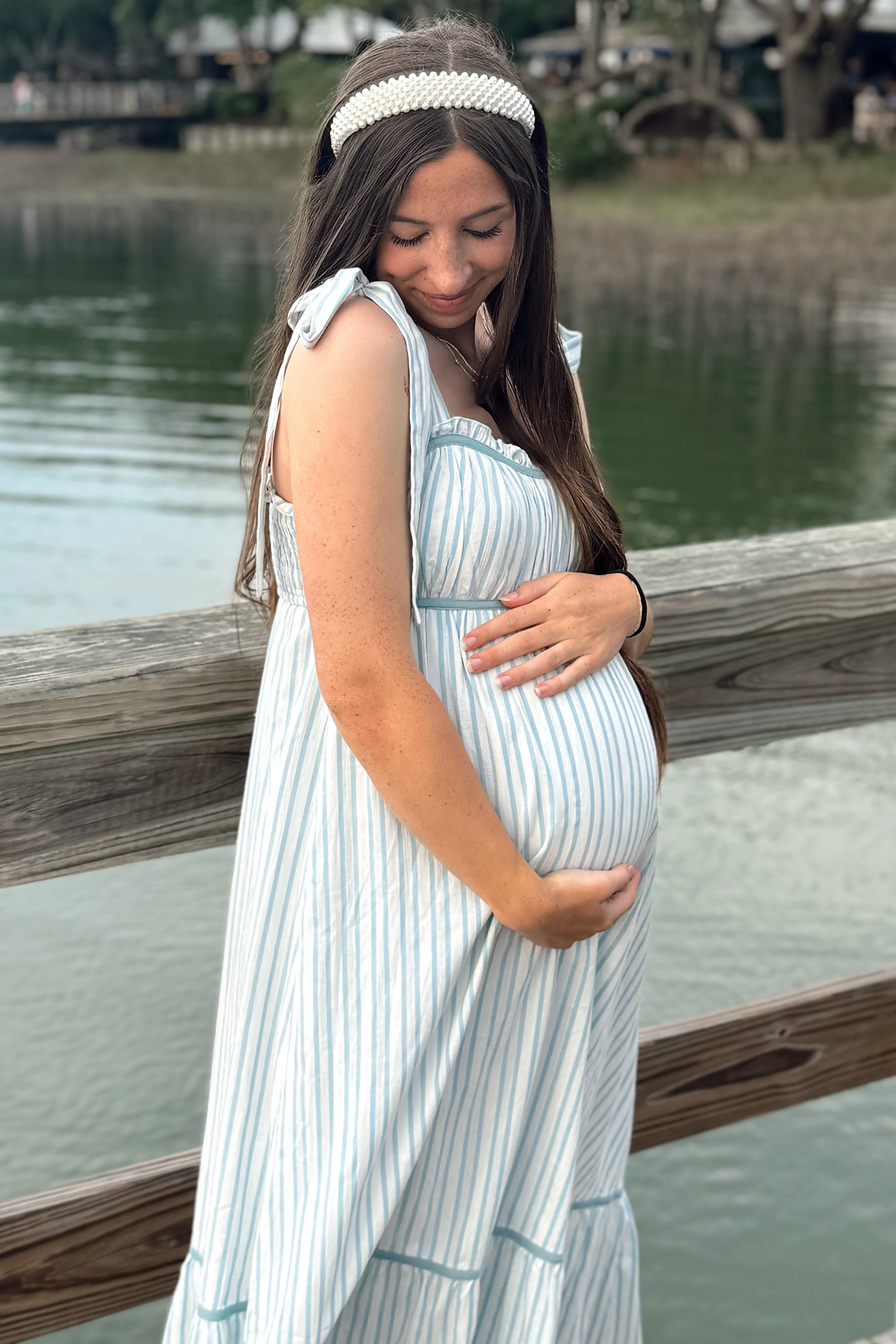 Ivory Striped Bow-Tie Maternity Maxi Dress - Image 4