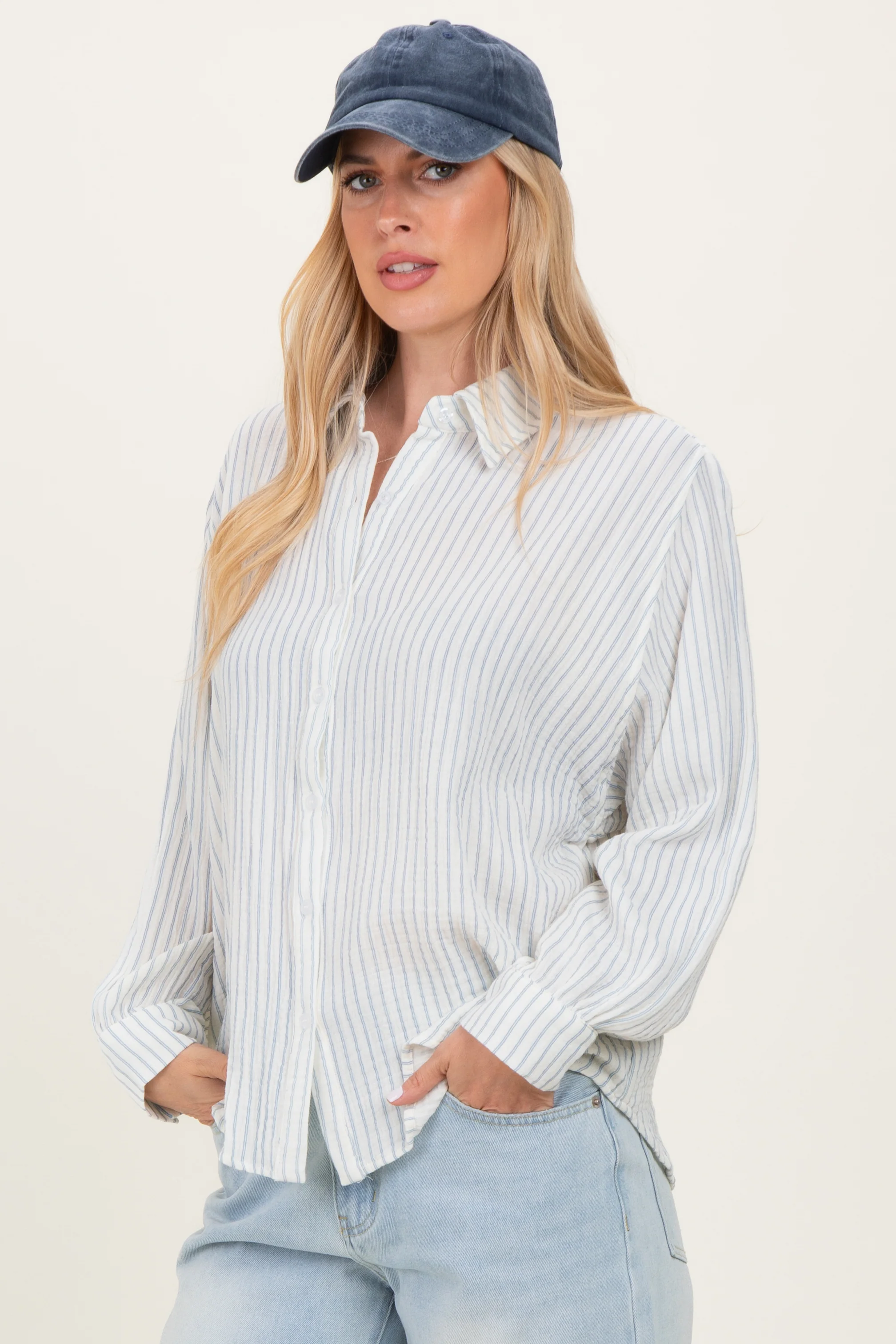 Ivory Striped Cotton Gauze Button Down Shirt - Image 3