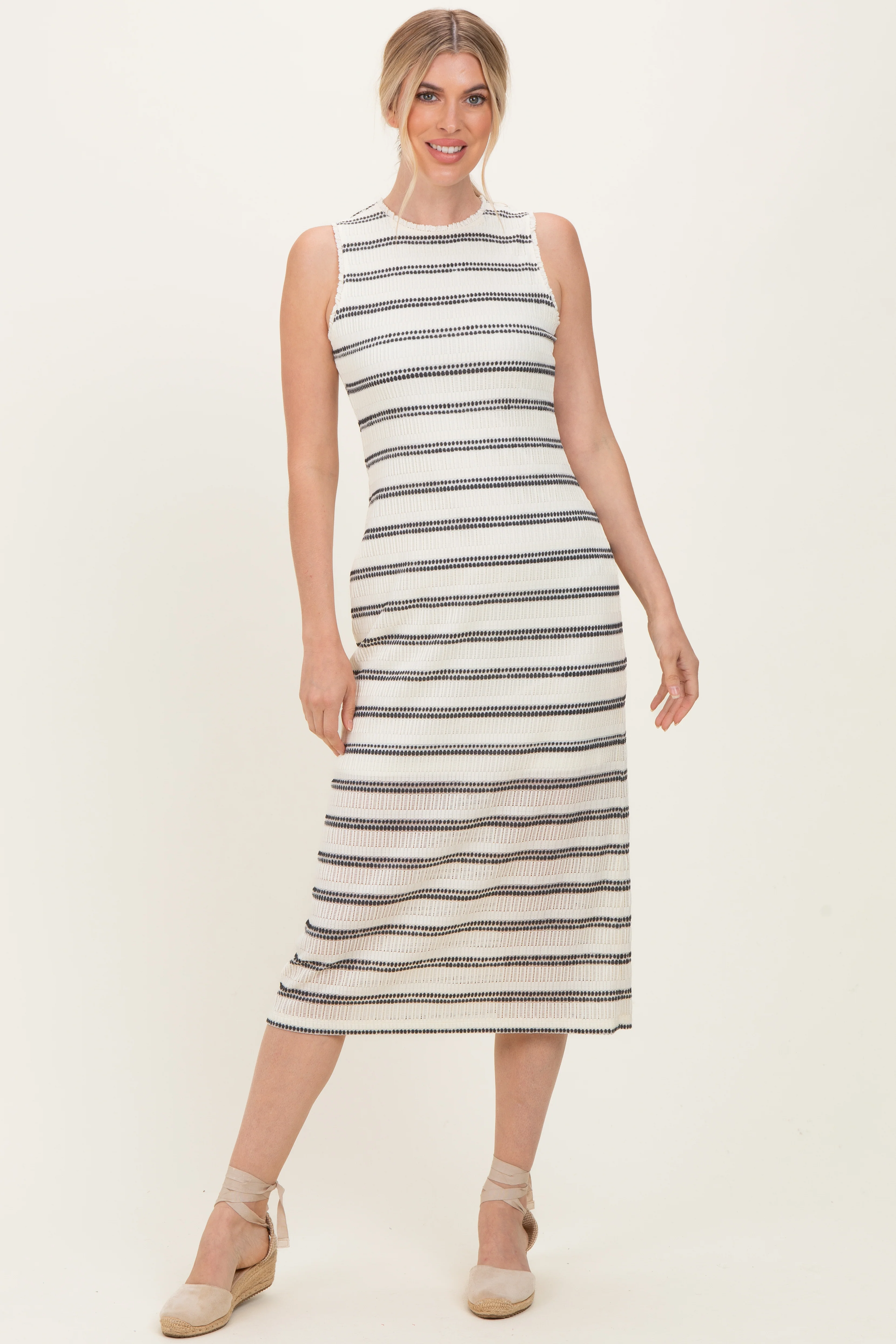 Ivory Striped Mesh Sleeveless Midi Dress