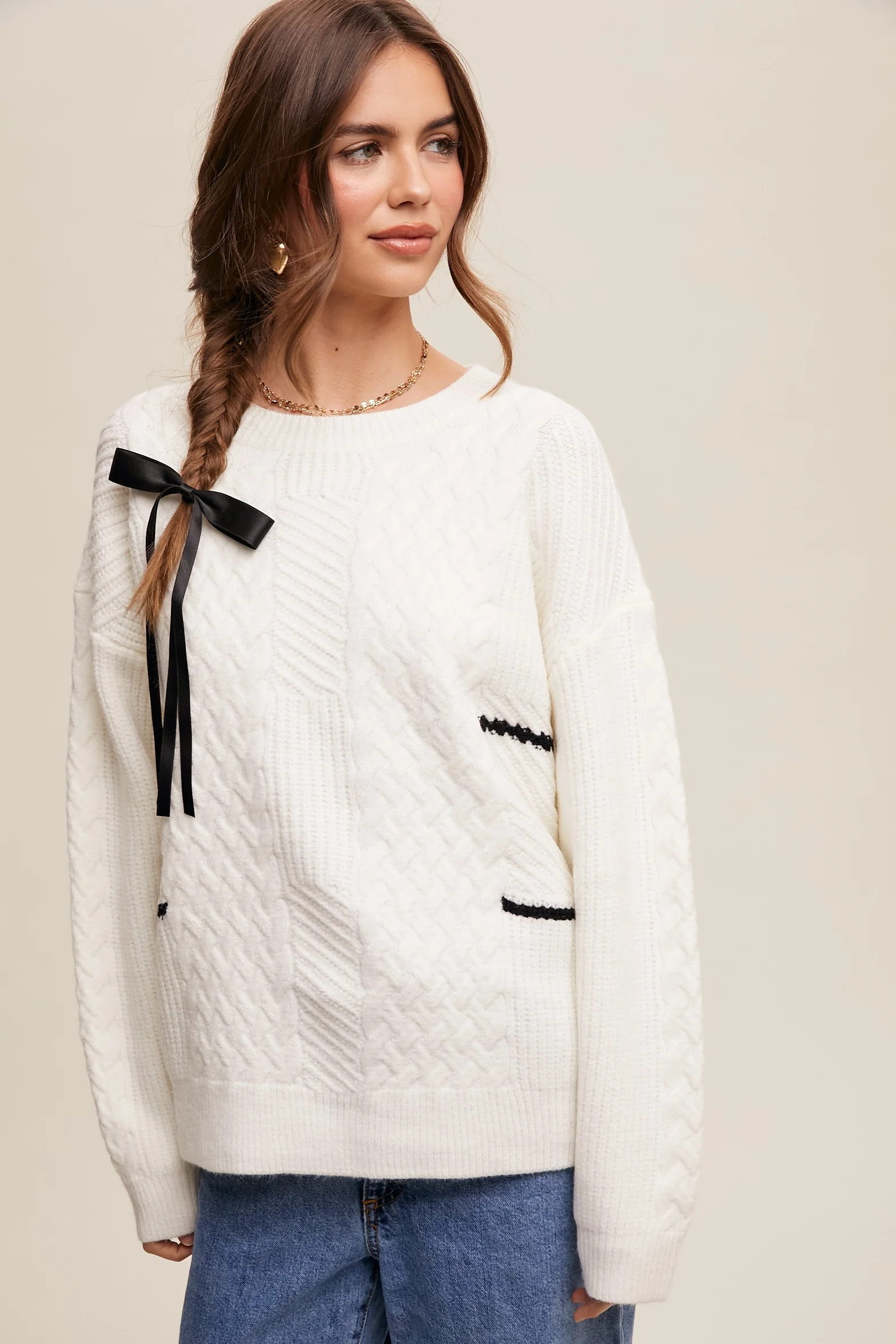 Ivory Striped Mixed Cable Knit Maternity Sweater - Image 4