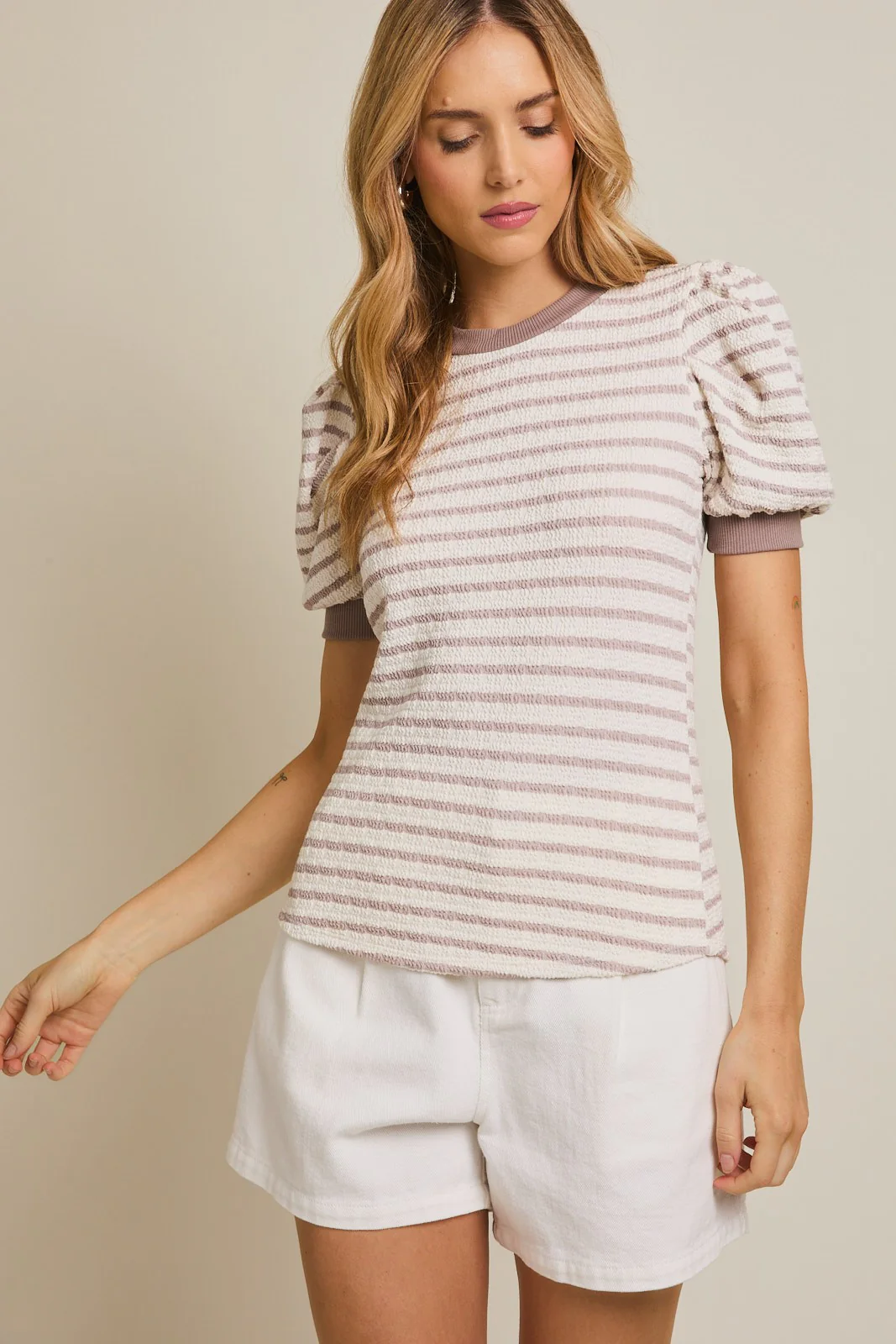 Ivory Striped Puff Short Sleeve Maternity Top - Image 5