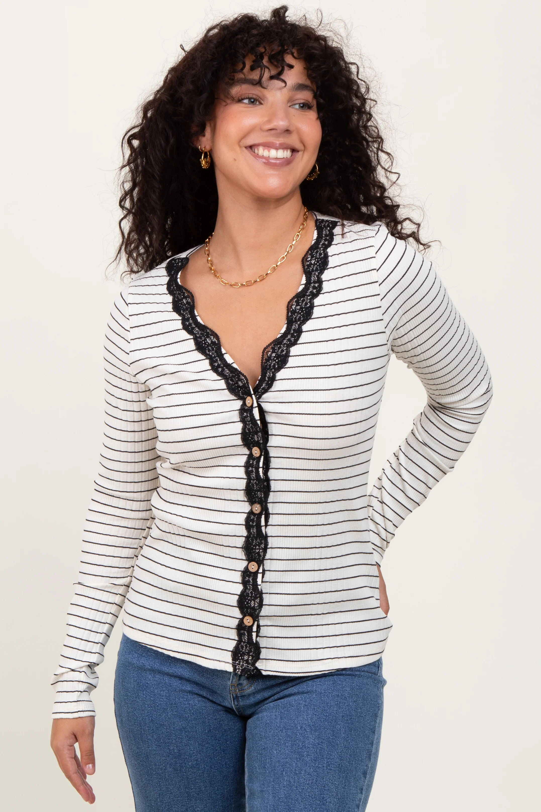 Ivory Striped Ribbed Long Sleeve Lace Detail Button Down Cardigan