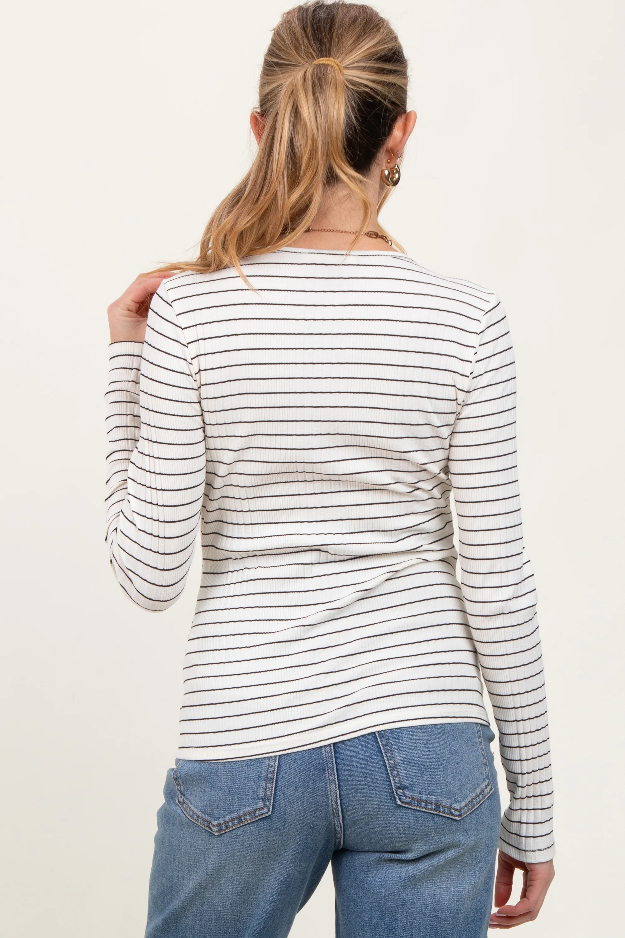Ivory Striped Ribbed Long Sleeve Lace Detail Button Down Maternity Cardigan - Image 3