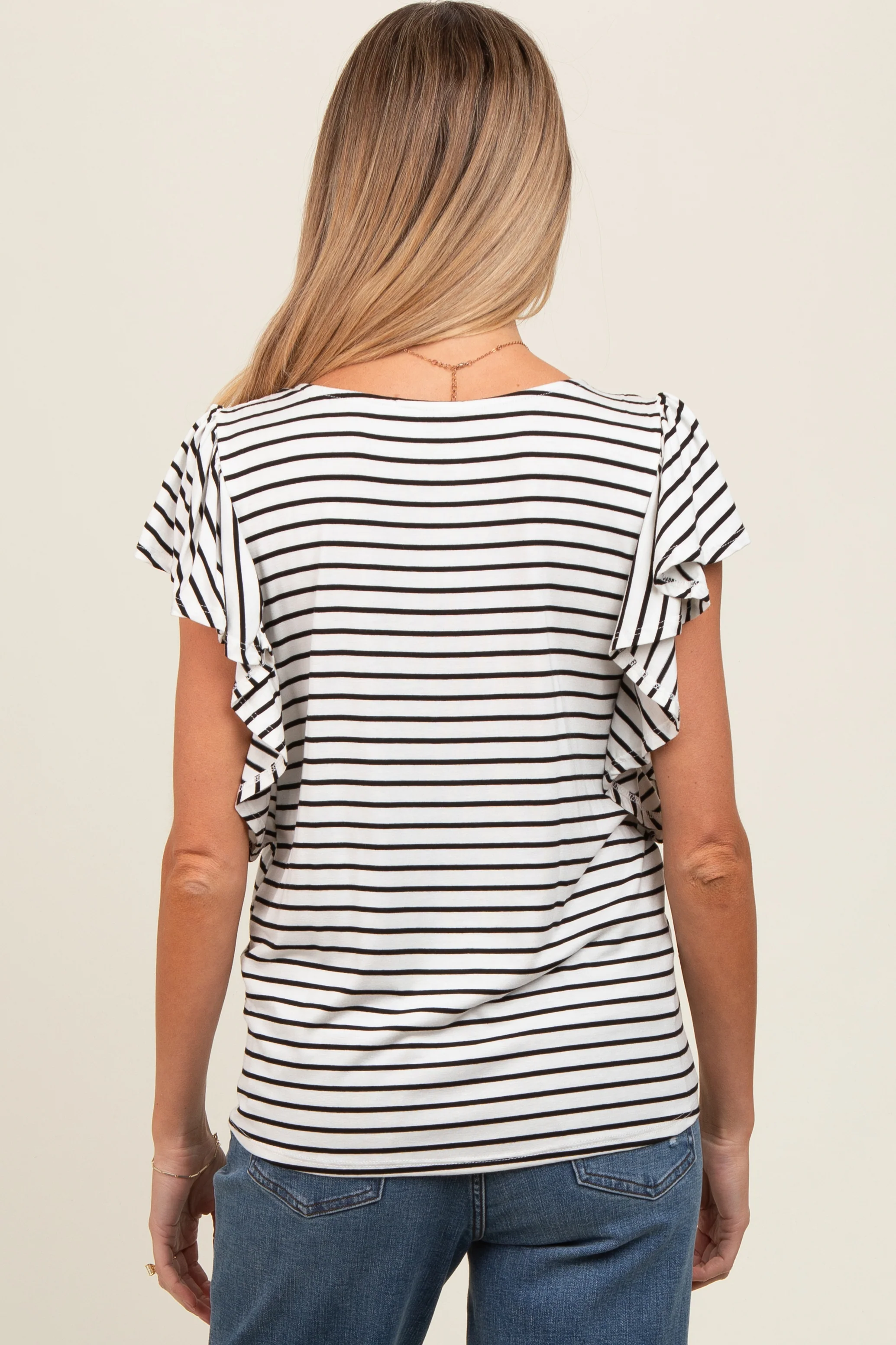 Ivory Striped Ruffle Sleeve Maternity Top - Image 4