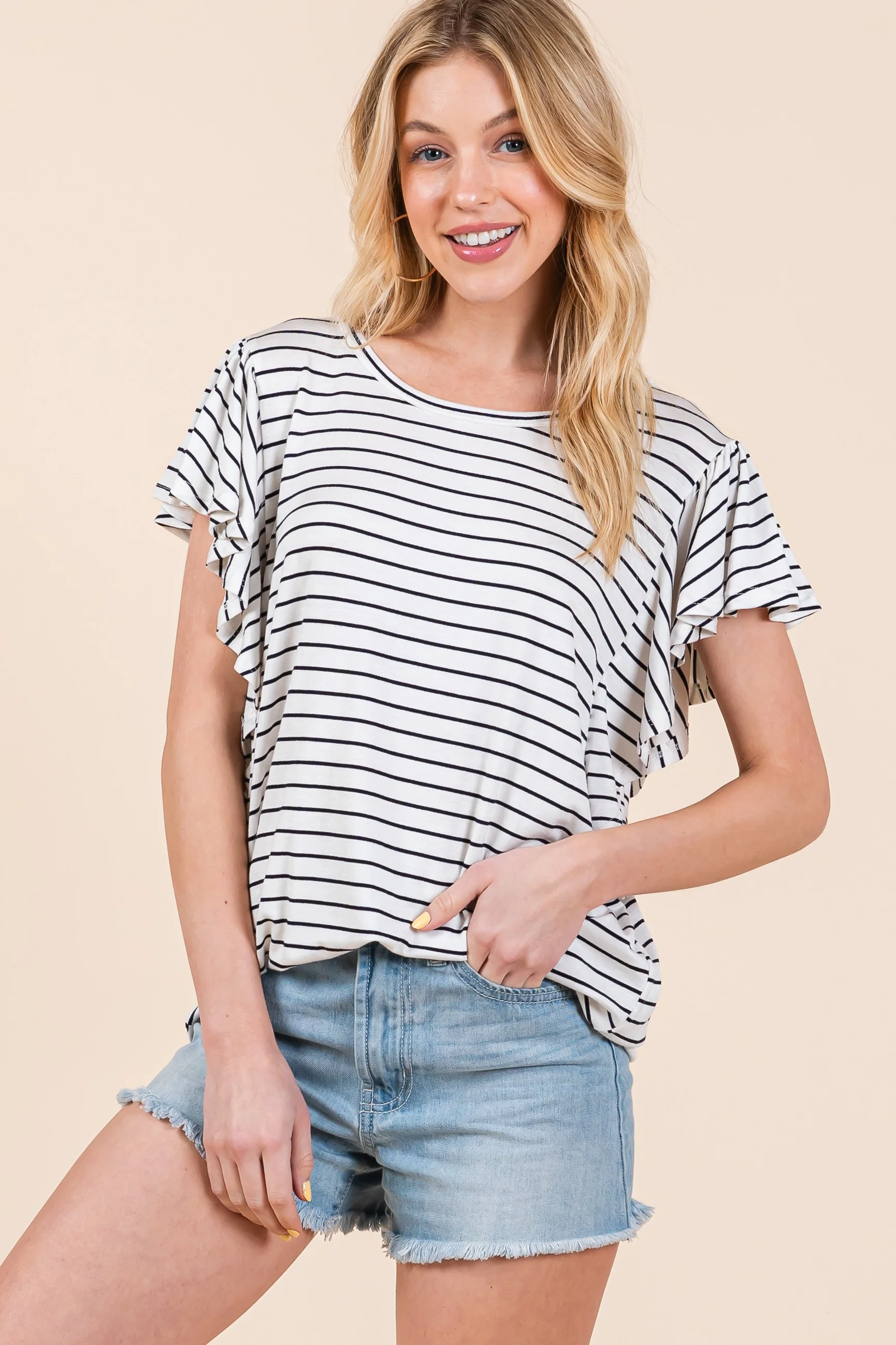 Ivory Striped Ruffle Sleeve Maternity Top - Image 5
