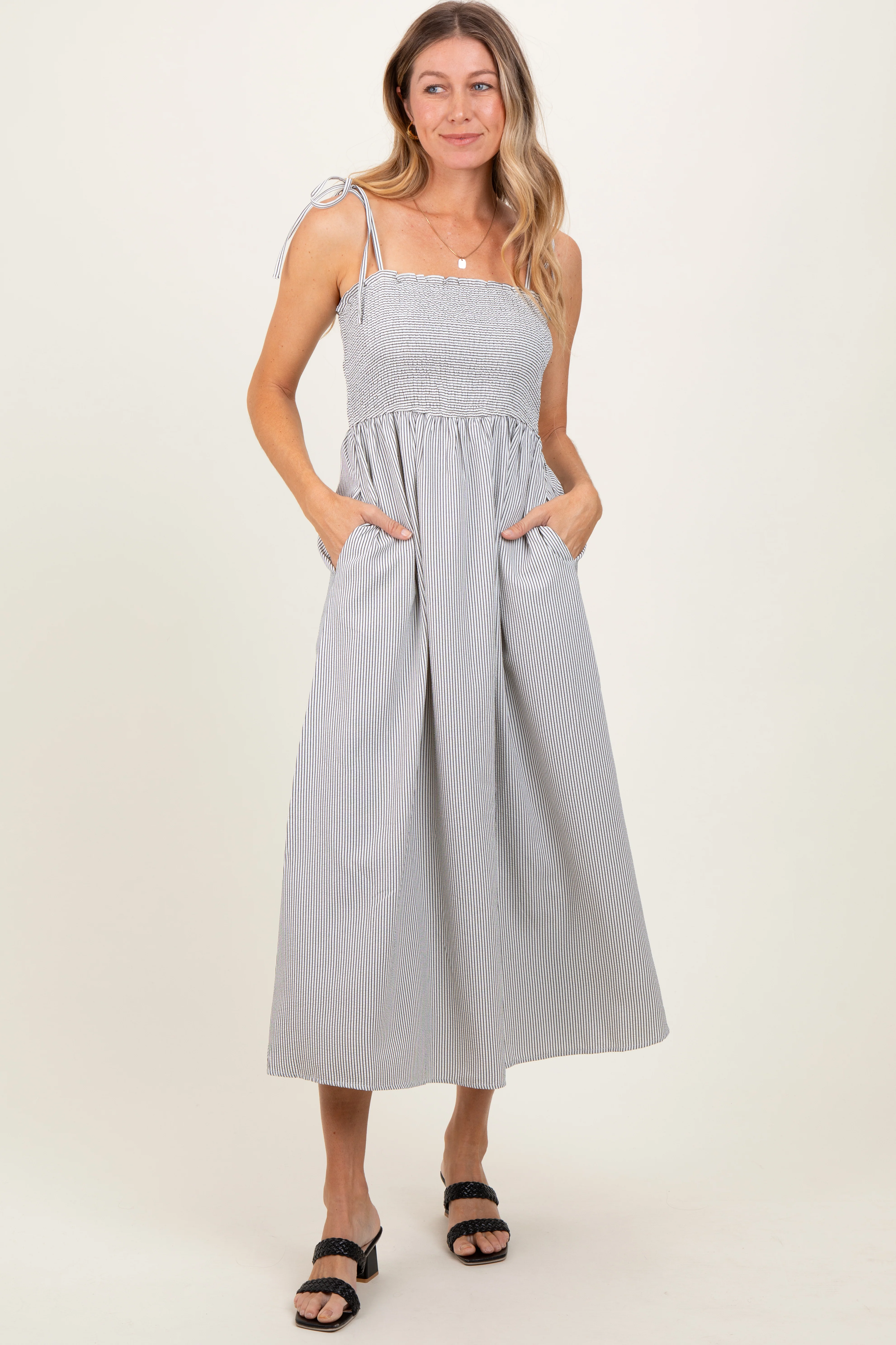 Ivory Striped Shoulder Tie Smocked Maternity Maxi Dress - Image 4