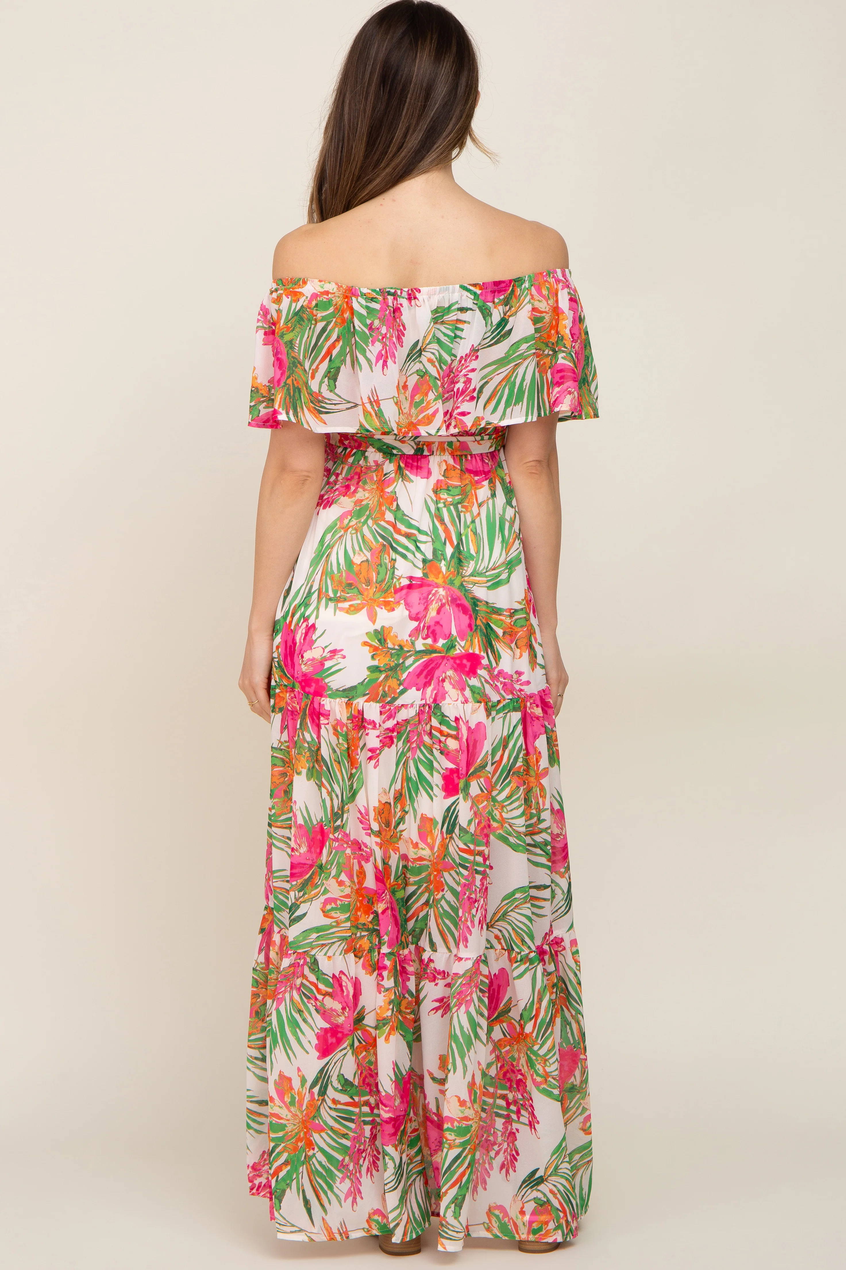 Ivory Tropical Print Off Shoulder Maternity Maxi Dress - Image 3