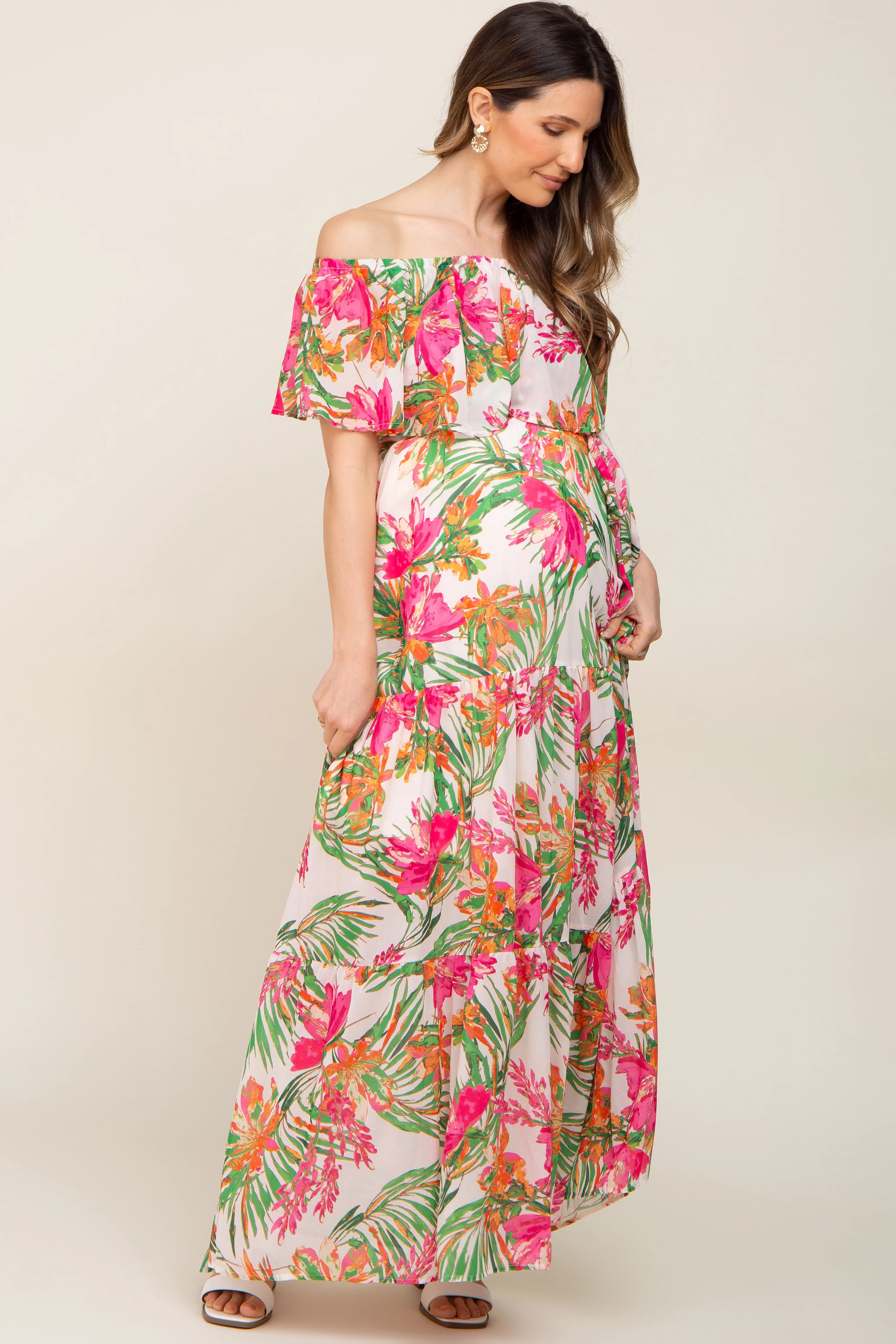Ivory Tropical Print Off Shoulder Maternity Maxi Dress - Image 4