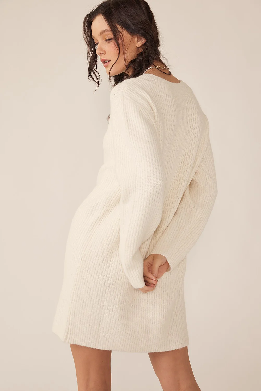 Ivory V-Neck Oversized Sweater Dress - Image 3