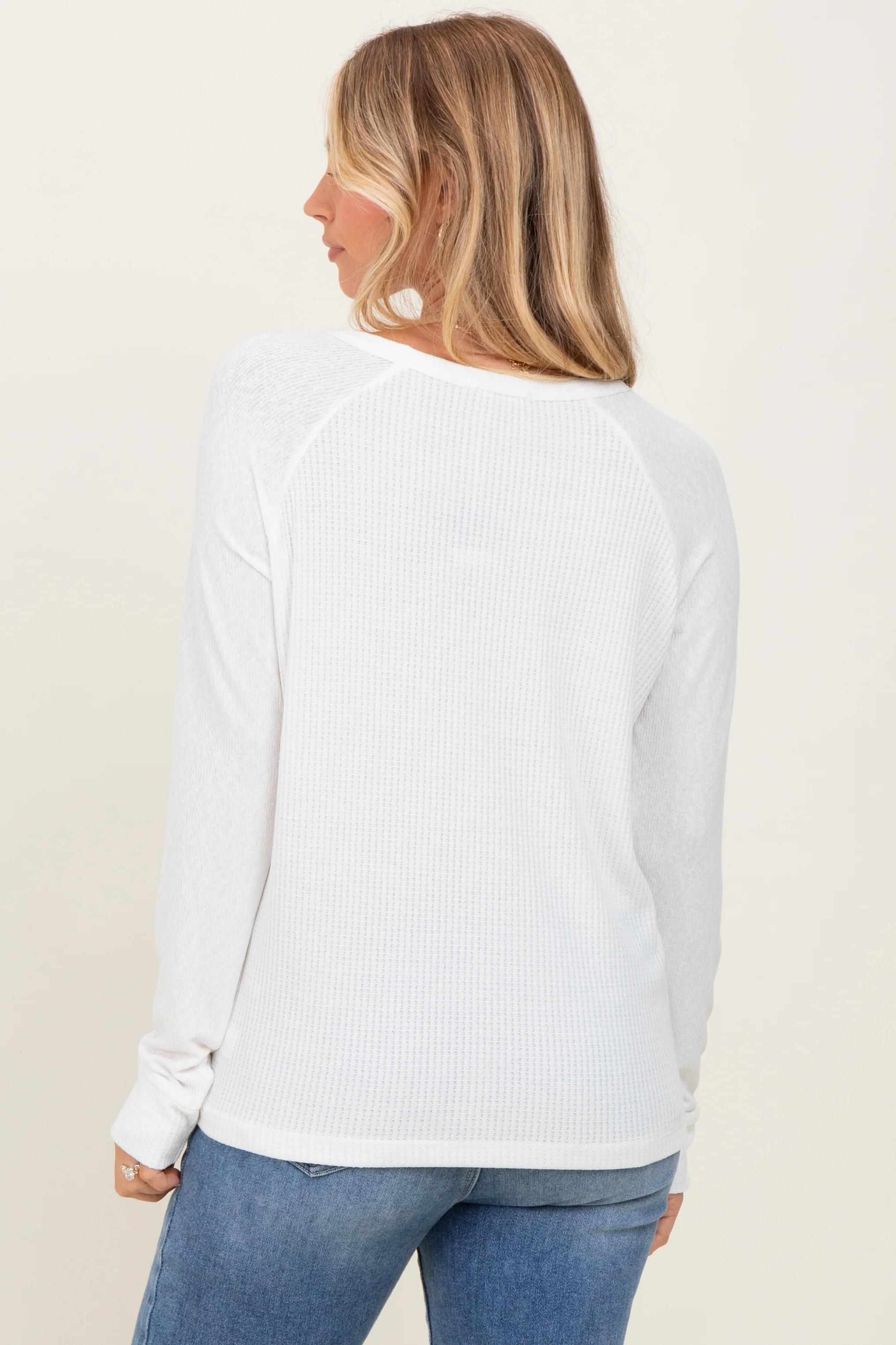 Ivory Waffle Knit Long Sleeve Top - Image 4