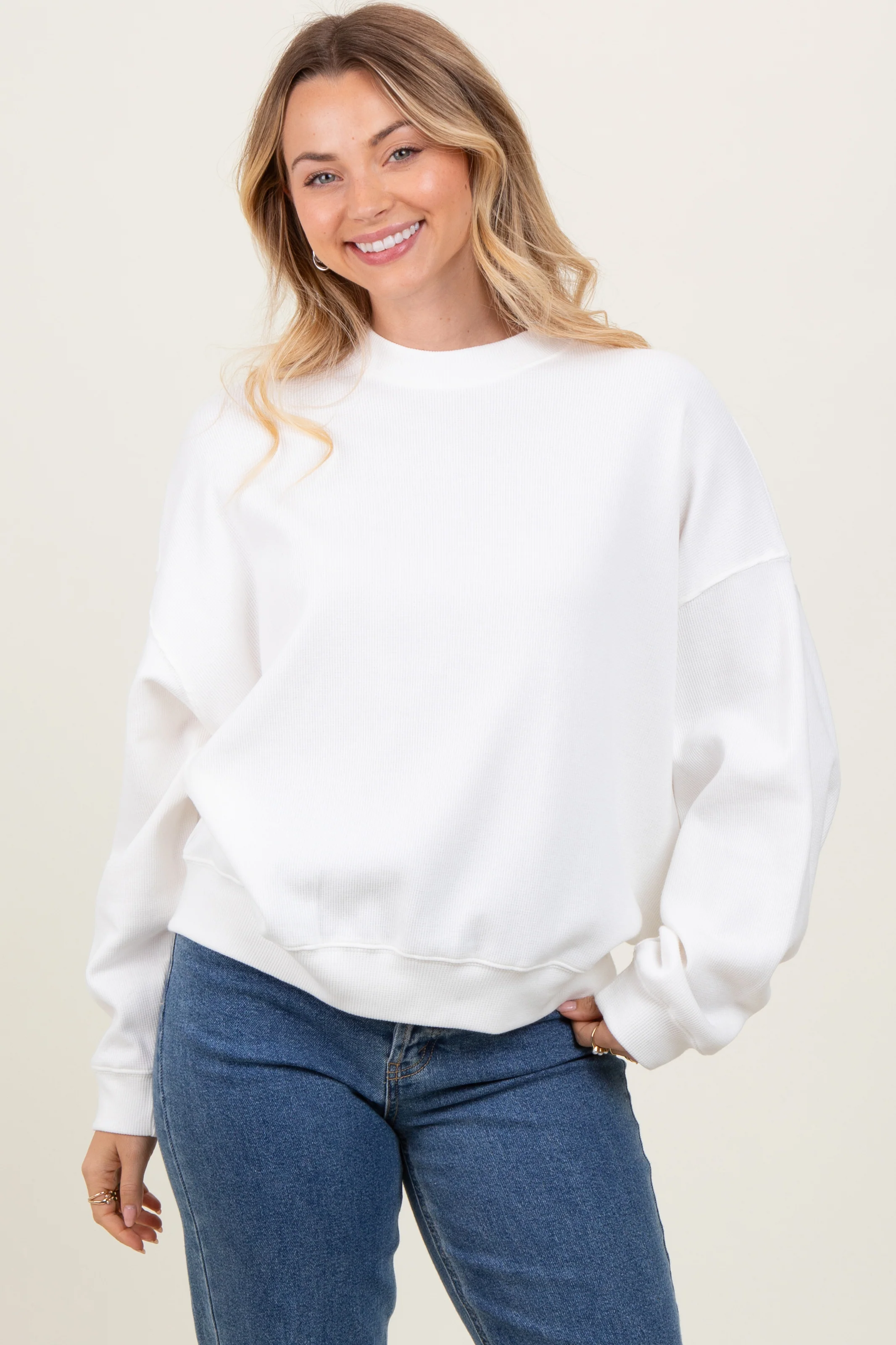 Ivory Waffle Knit Maternity Pullover - Image 5