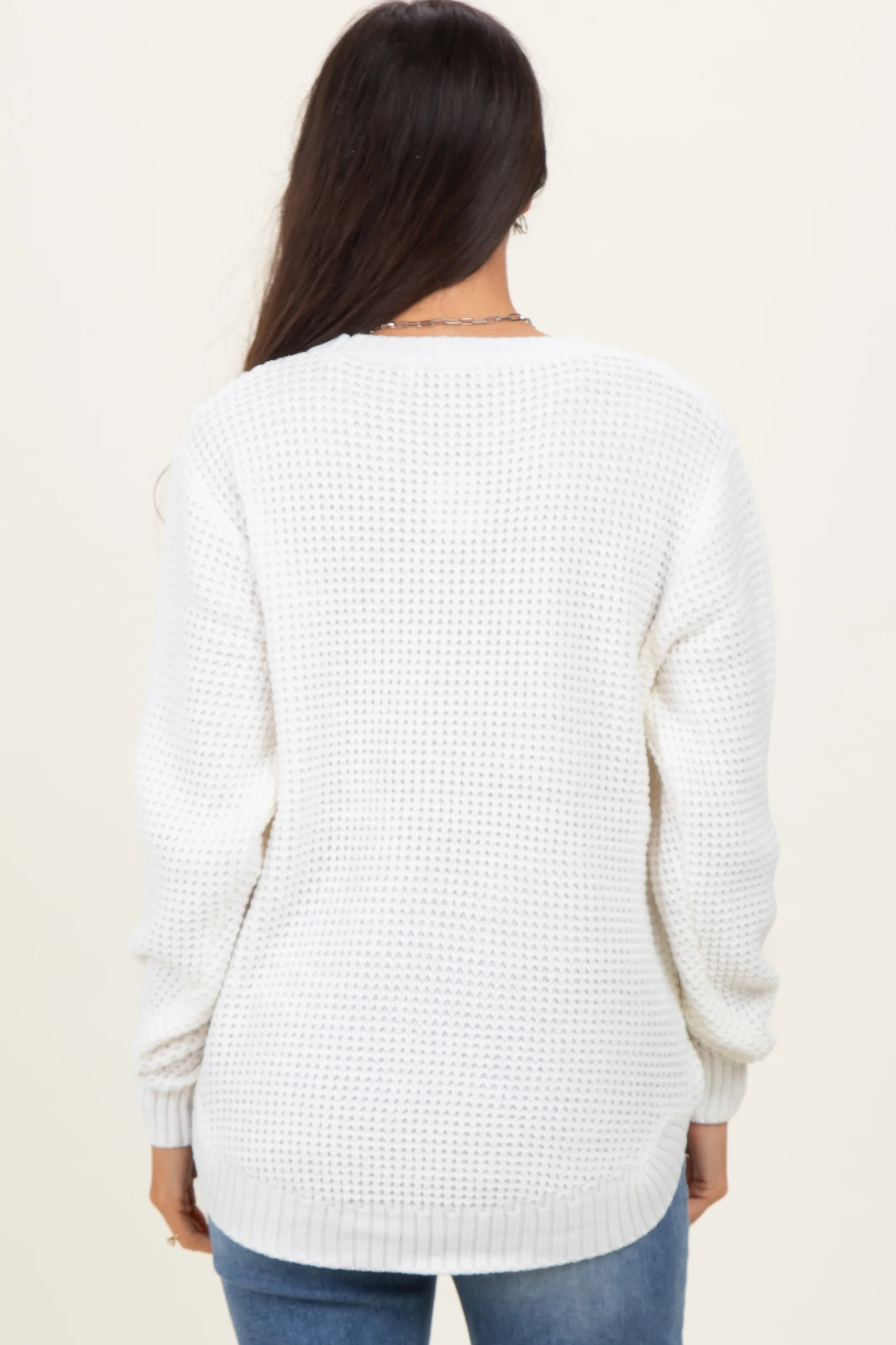 Ivory Waffle Knit Rounded Hem Sweater - Image 4
