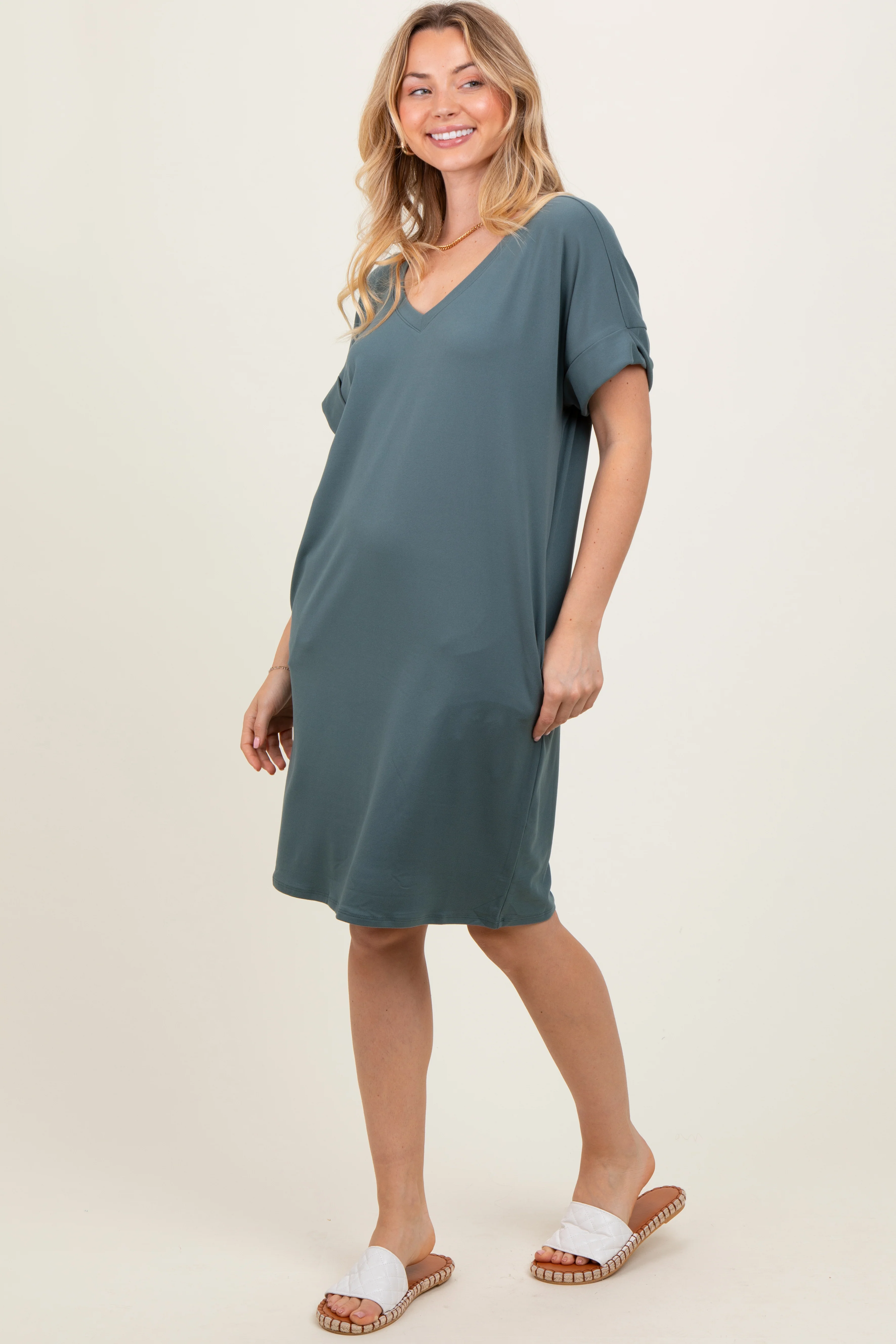 Jade Brushed Rolled Short Sleeve V-Neck Dress - Image 3