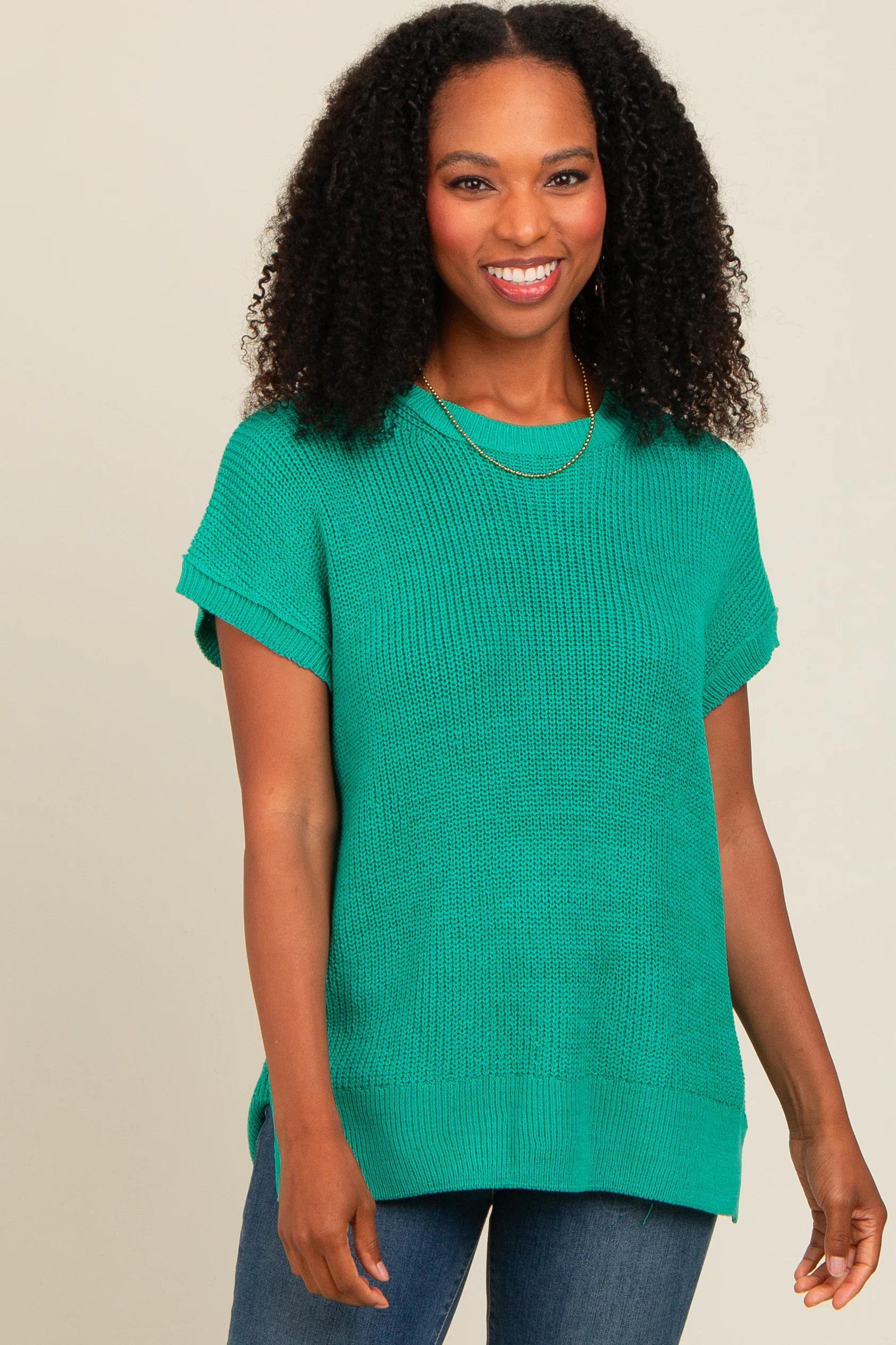 Jade Dolman Short Sleeve Side Slit Sweater Top - Image 2