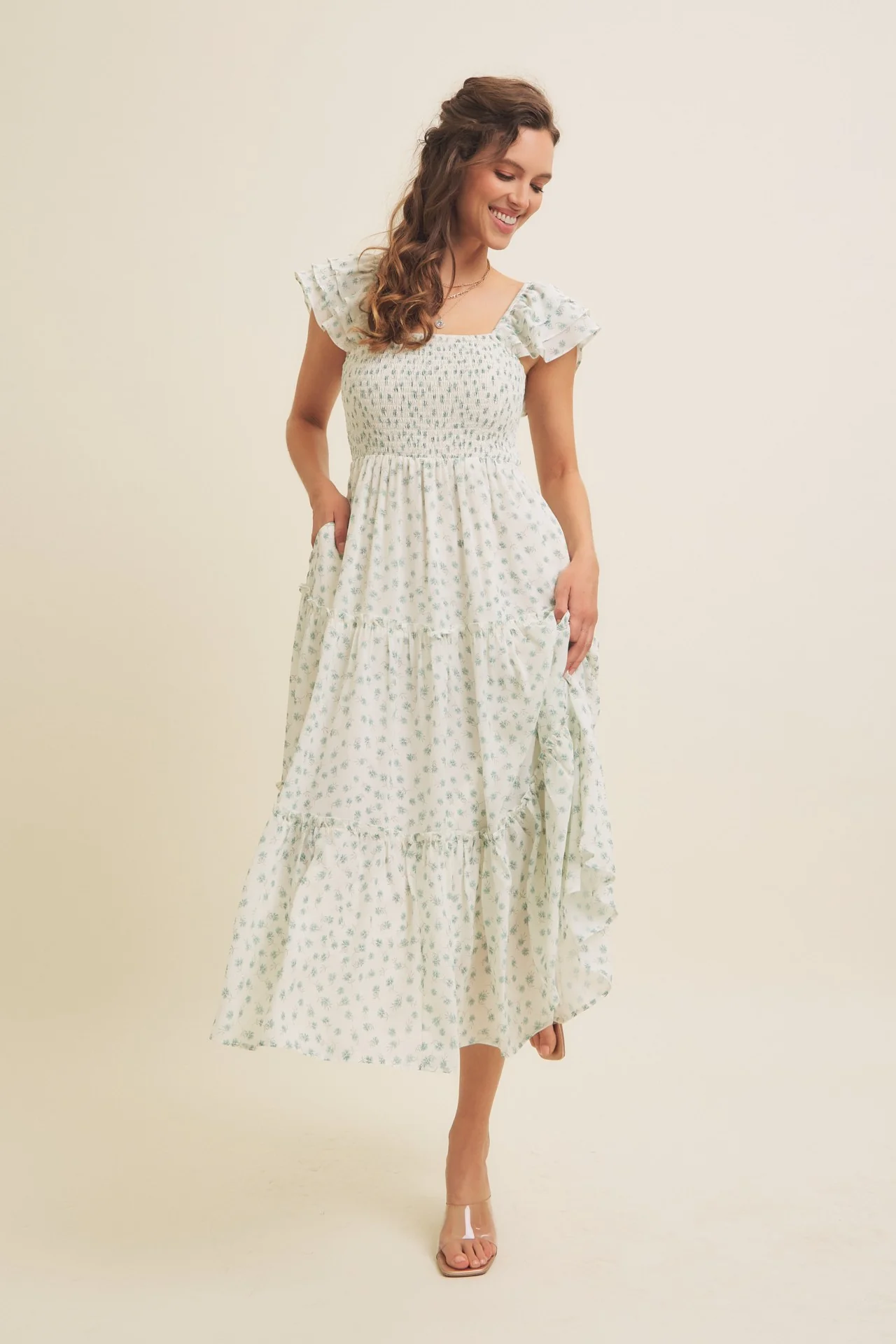 Jade Elegant Chiffon Floral Smocked Midi Dress - Image 2