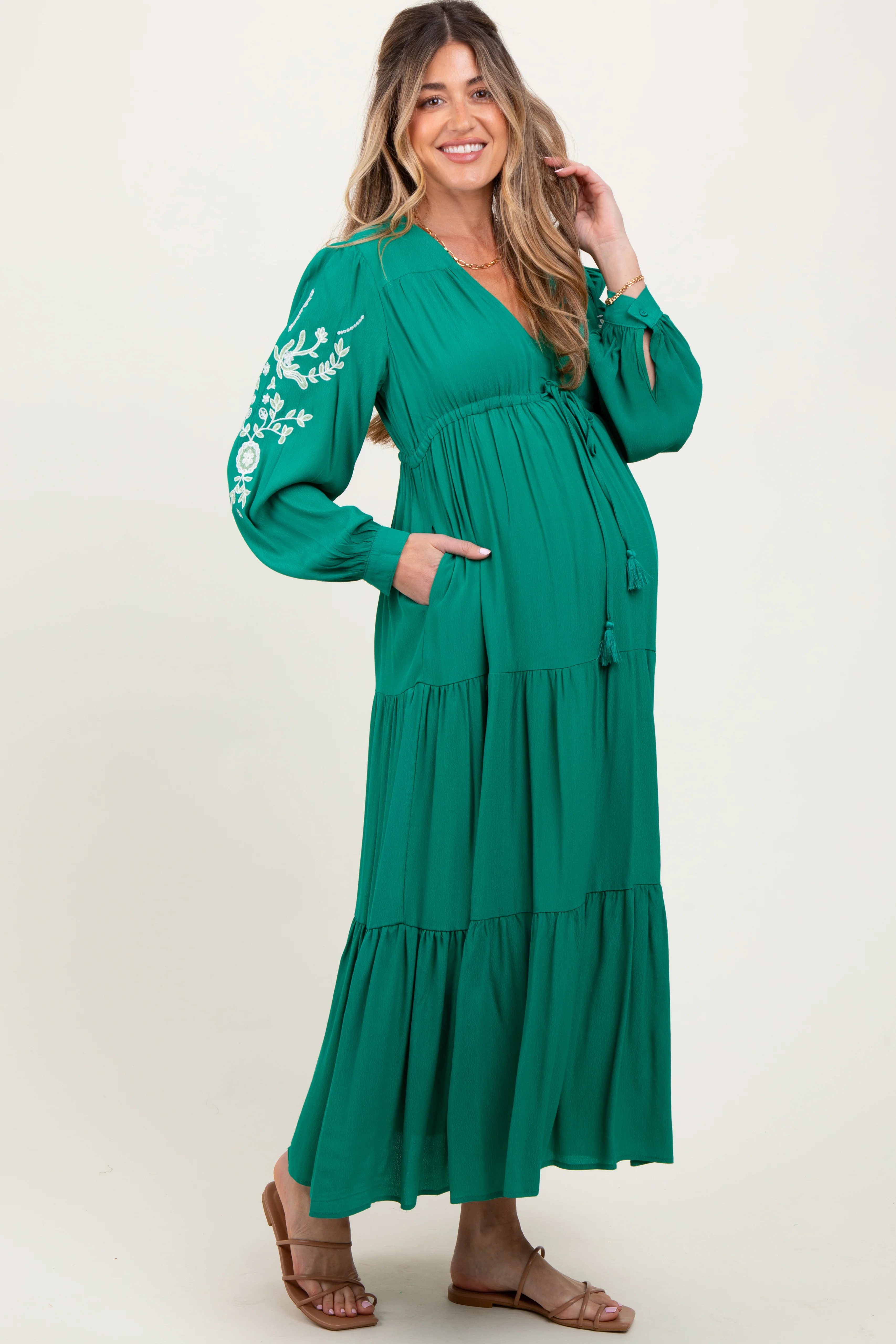Jade Embroidered Long Sleeve Maternity Maxi Dress - Image 3