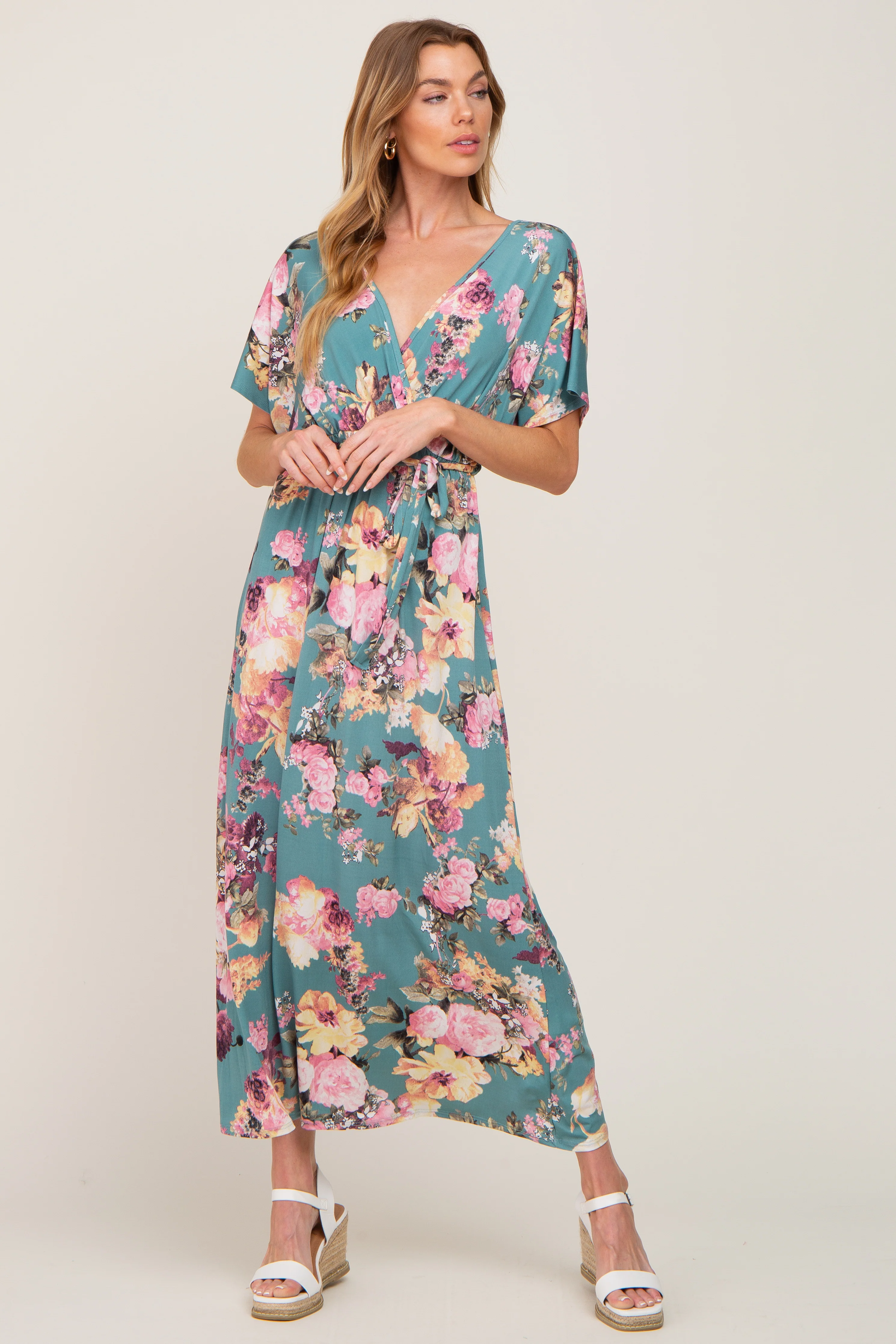 Jade Floral Wrap Front Waist Tie Maternity Maxi Dress - Image 4