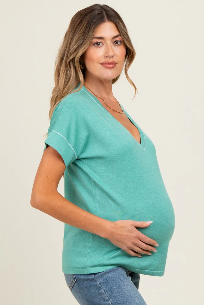Jade Knit Stitch Accent Maternity Short Sleeve Top - Image 4
