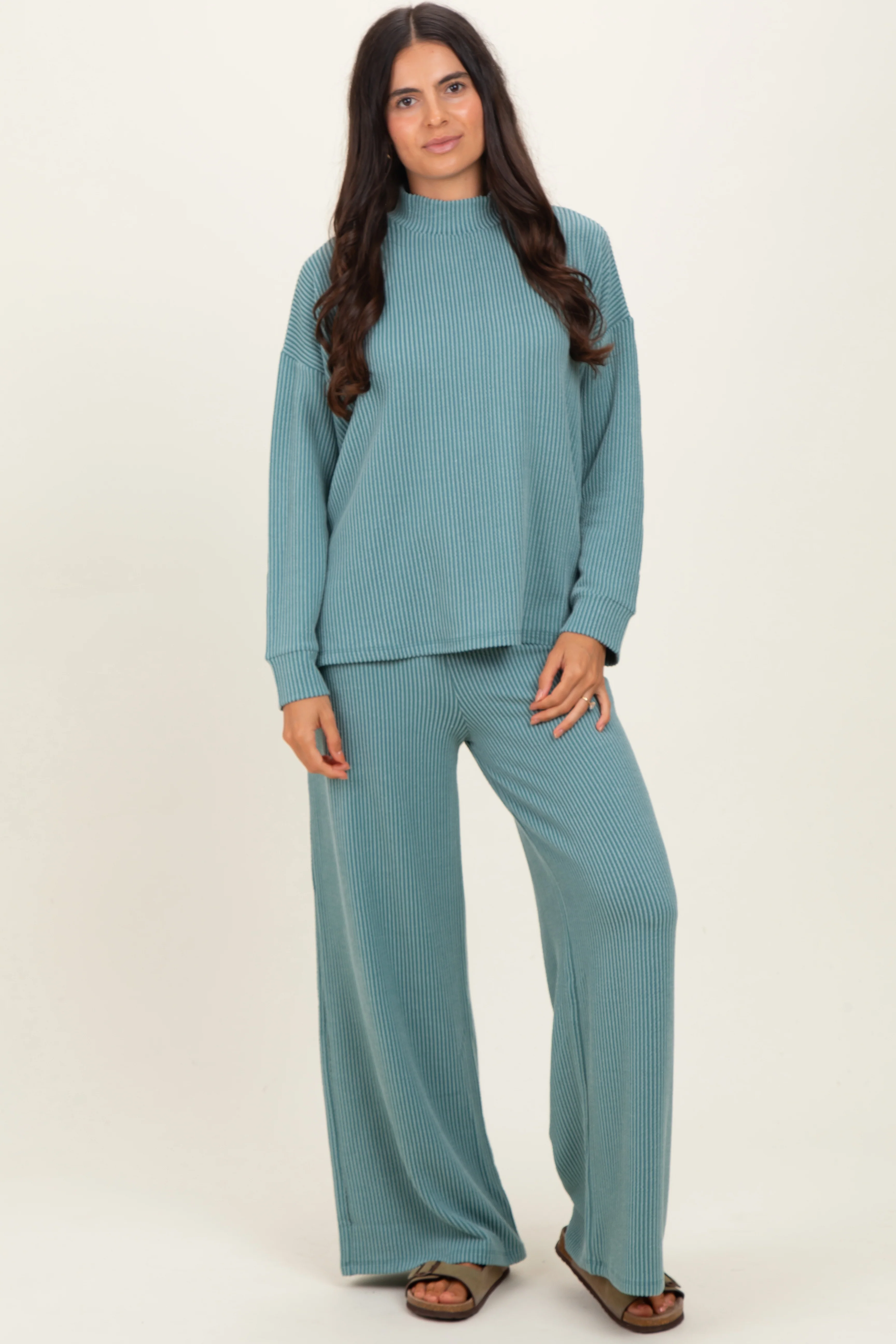 Jade Textured Rib Mock Neck Long Sleeve Pants Maternity Set - Image 5