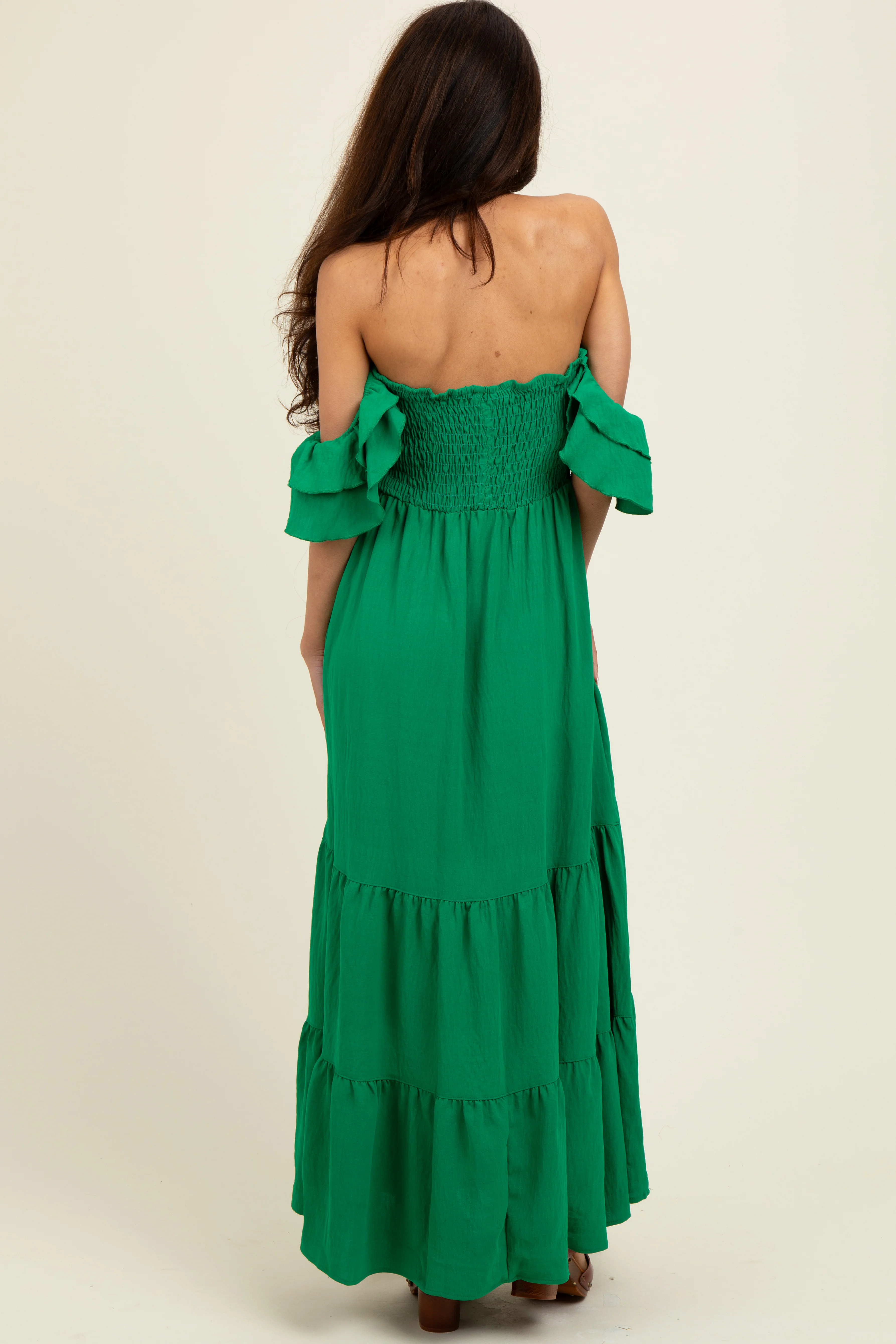 Kelly Green Solid Flared Sleeve Long Tiered Dress - Image 3