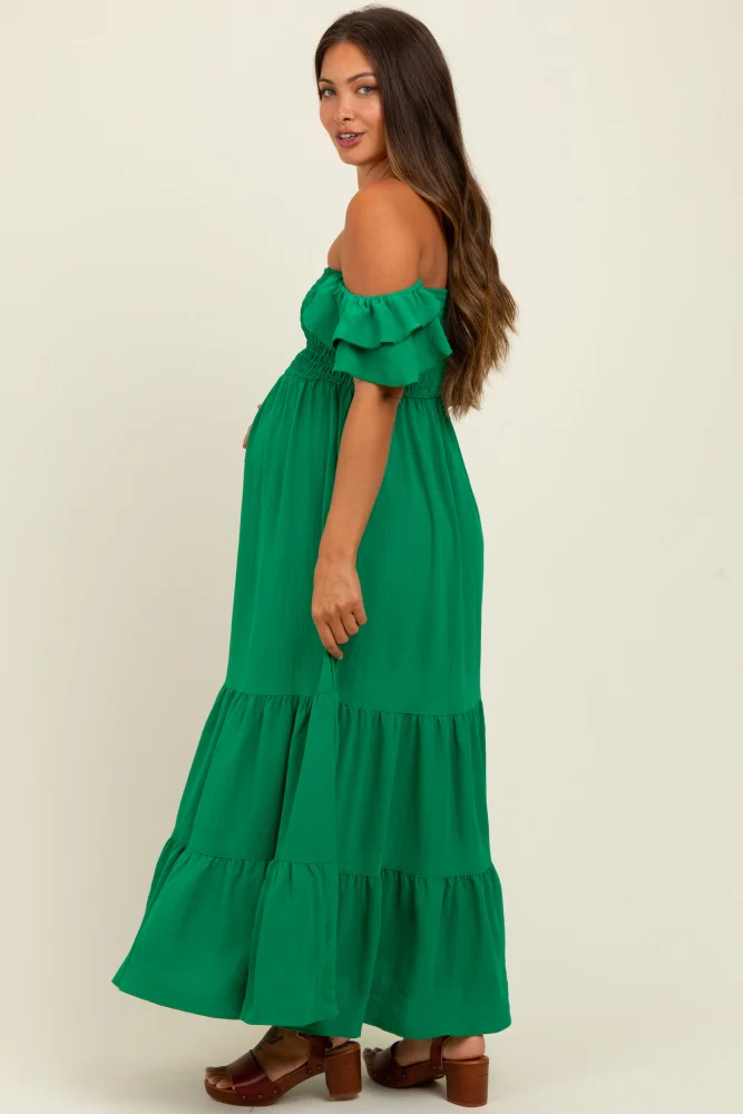 Kelly Green Solid Flared Sleeve Long Tiered Maternity Dress - Image 3