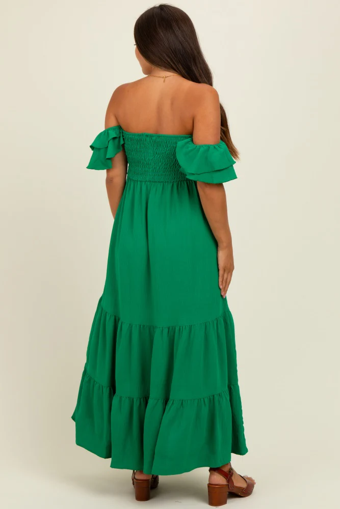 Kelly Green Solid Flared Sleeve Long Tiered Maternity Dress - Image 4