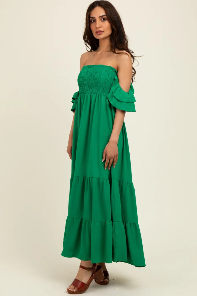 Kelly Green Solid Flared Sleeve Long Tiered Maternity Dress - Image 5