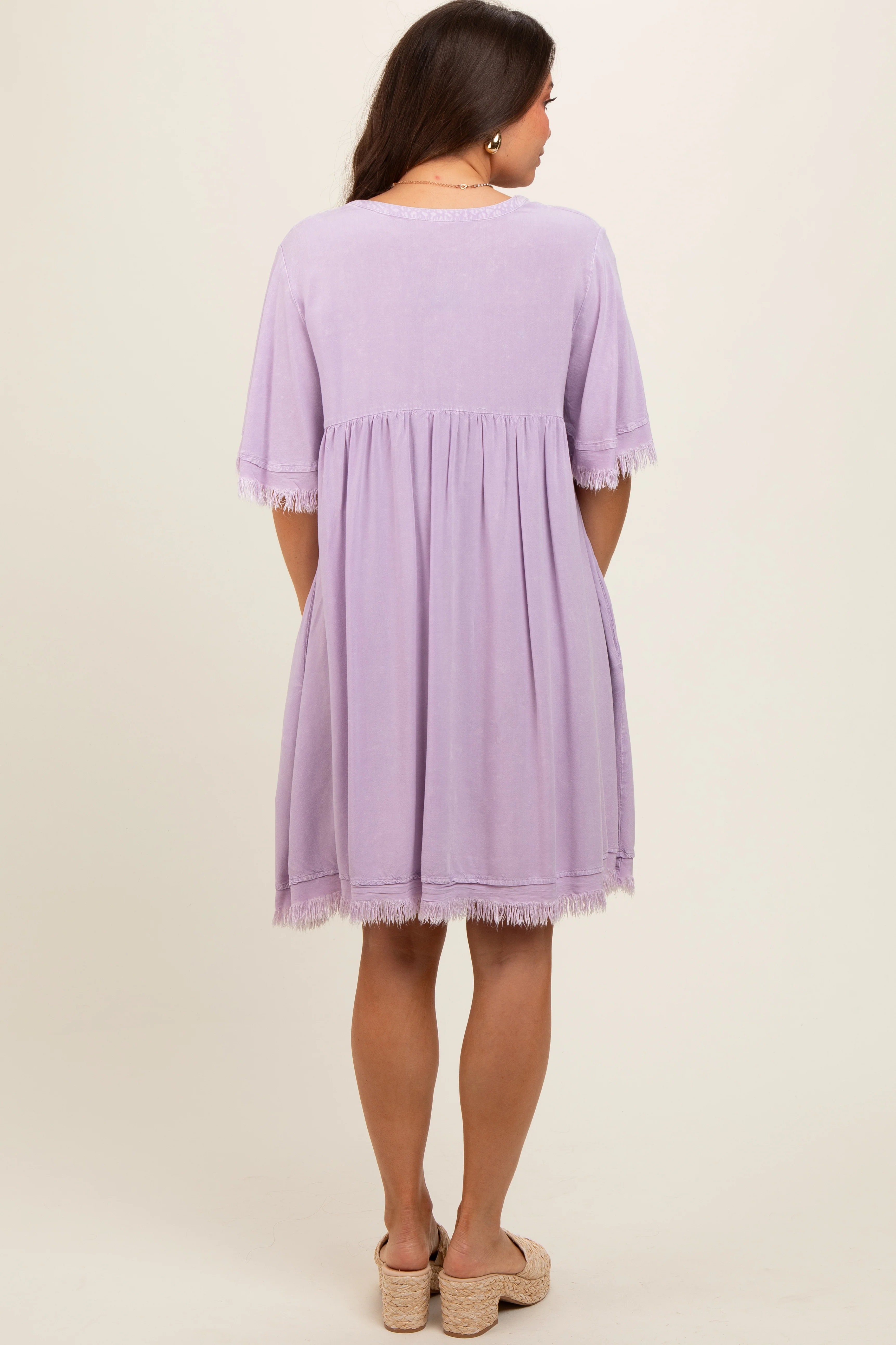 Lavender Button Front Frayed Maternity Dress - Image 4