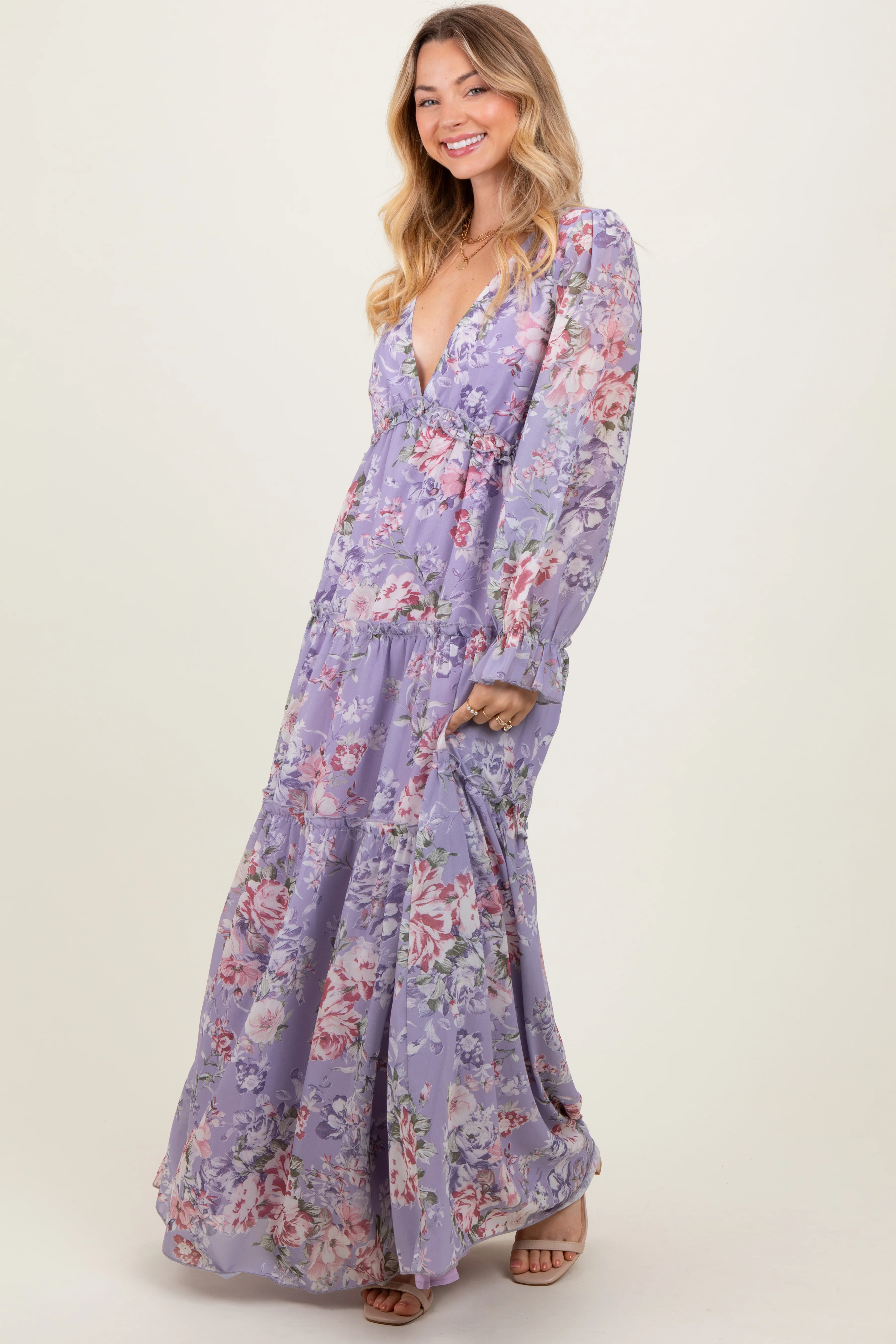 Lavender Floral Chiffon Deep V Ruffle Tiered Maternity Maxi Dress - Image 4