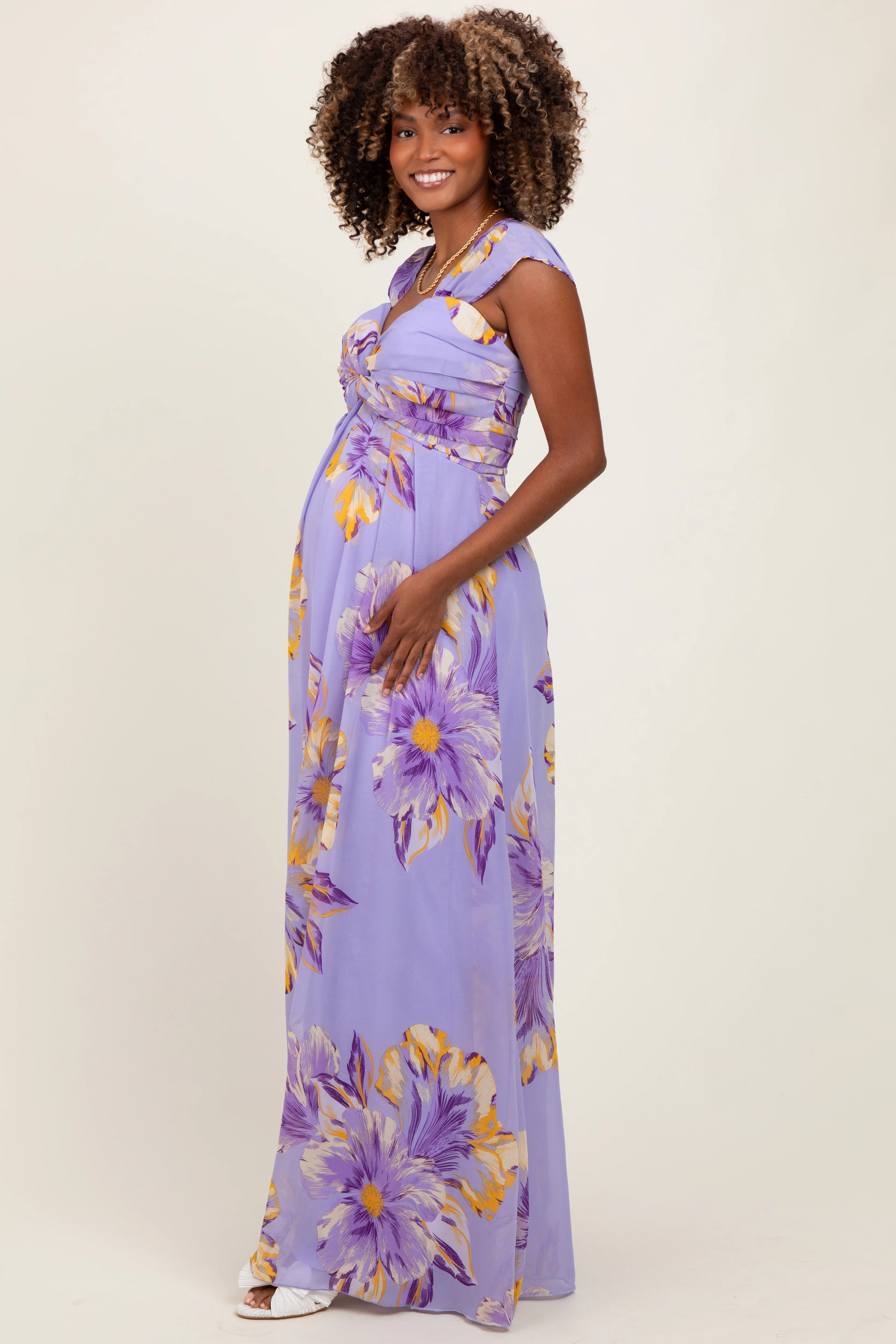 Lavender Floral Chiffon Off Shoulder Maternity Maxi Dress - Image 3