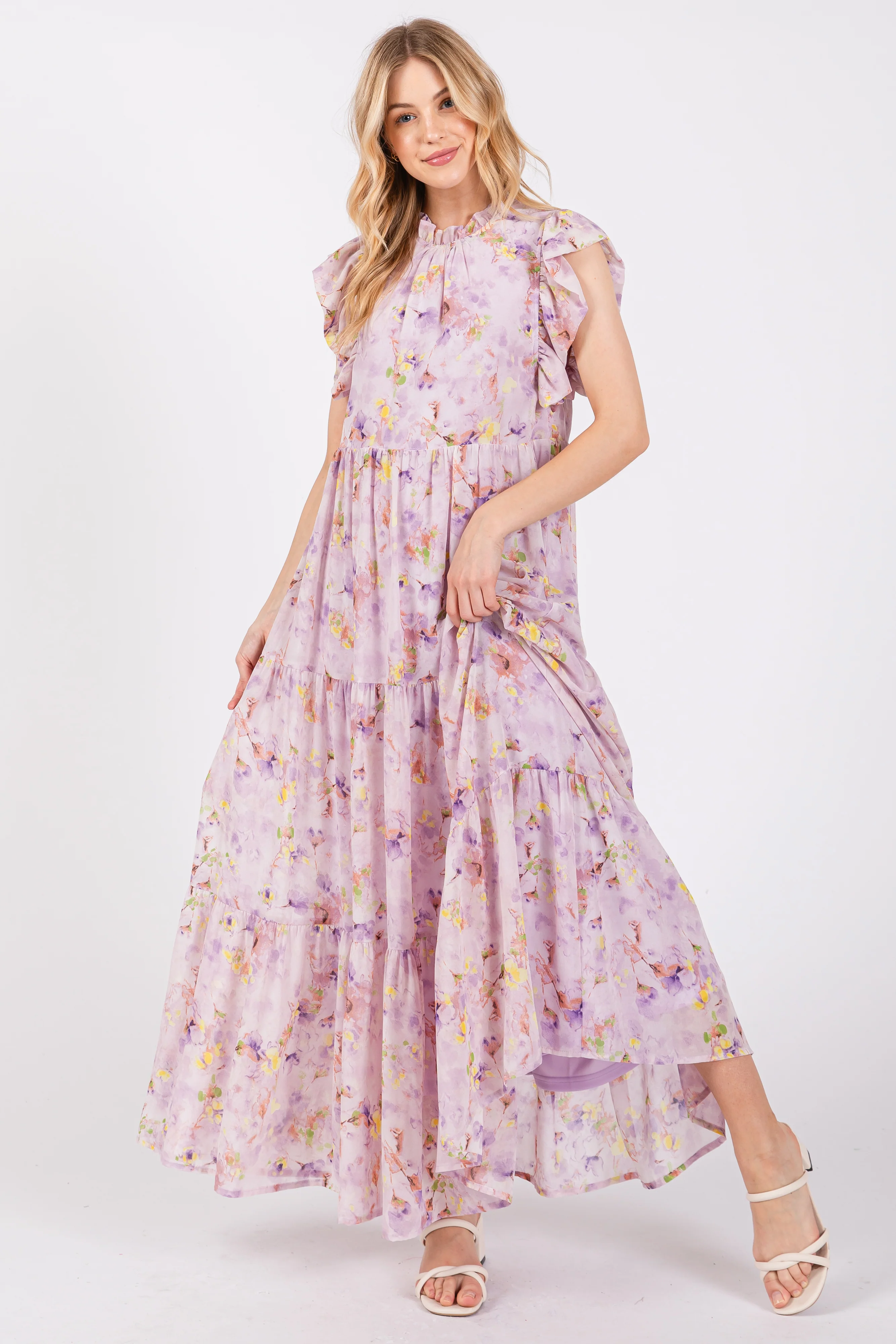 Lavender Floral Chiffon Ruffle Shoulder Tiered Maternity Maxi Dress - Image 5