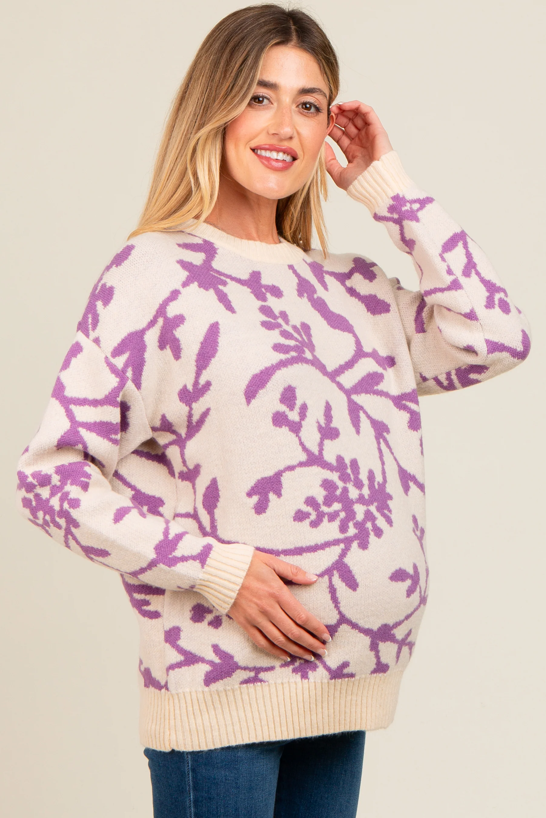 Lavender Floral Drop Shoulder Maternity Sweater - Image 3