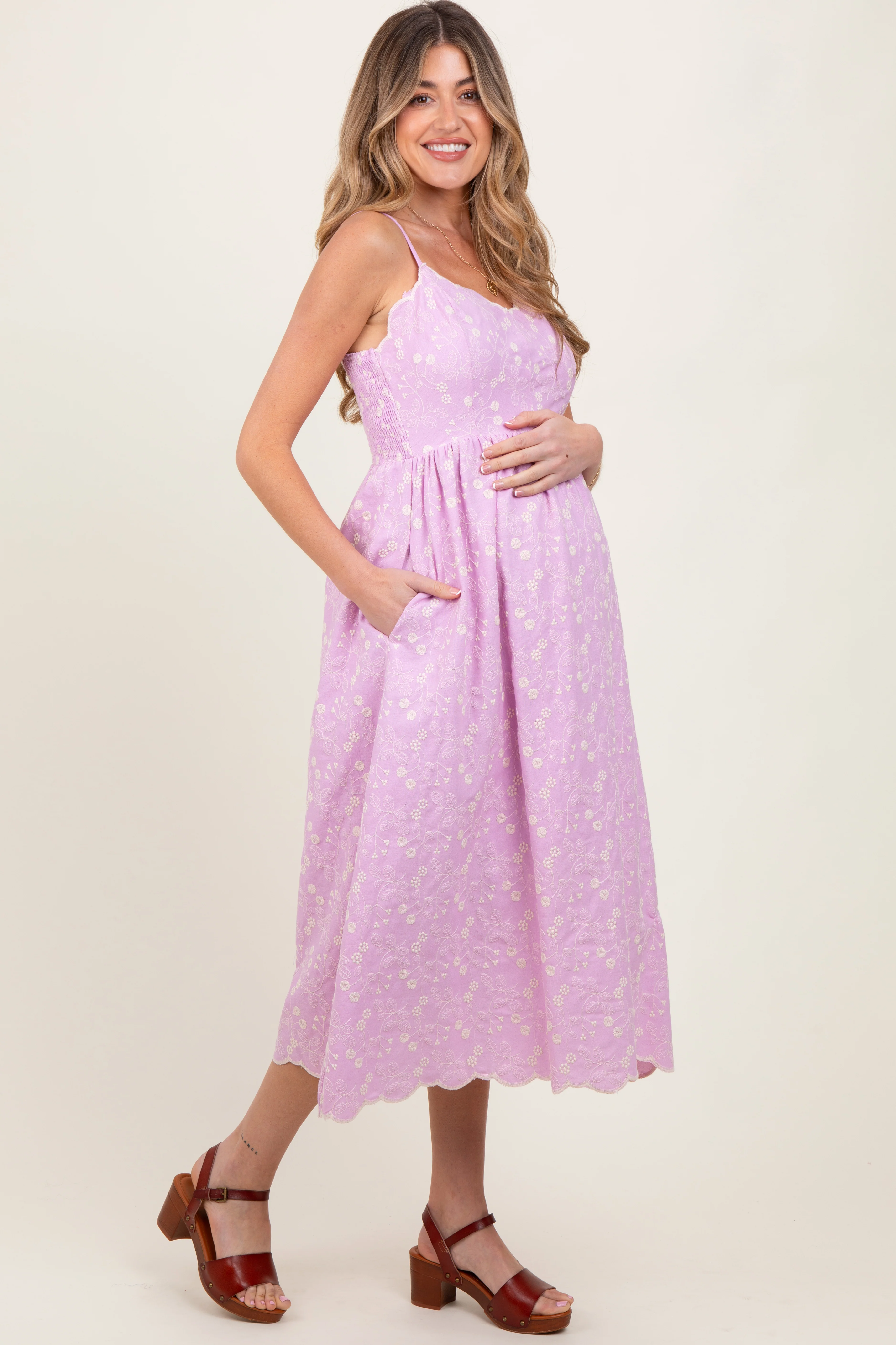 Lavender Floral Embroidered Scallop Detail Maternity Midi Dress - Image 3