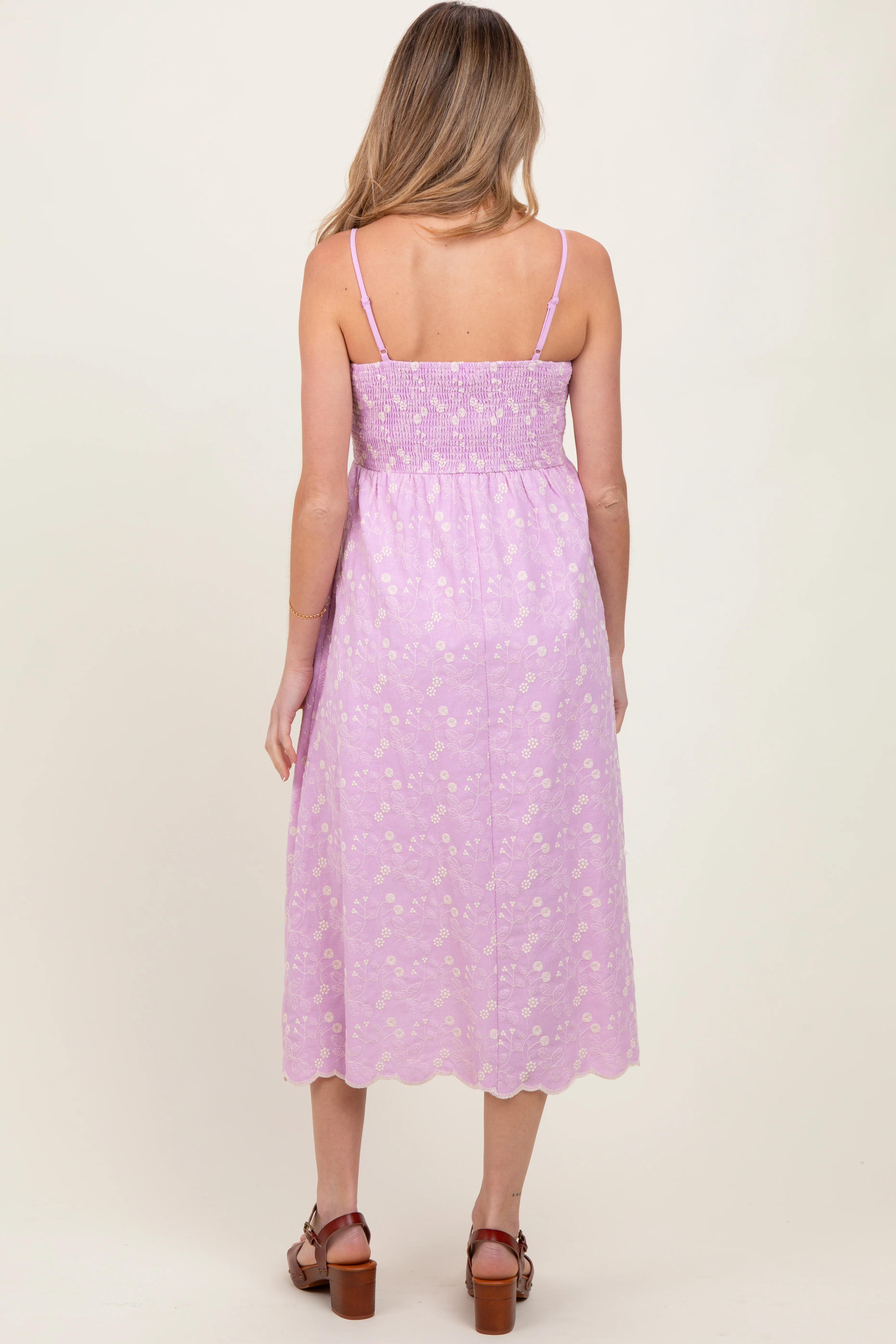 Lavender Floral Embroidered Scallop Detail Maternity Midi Dress - Image 4