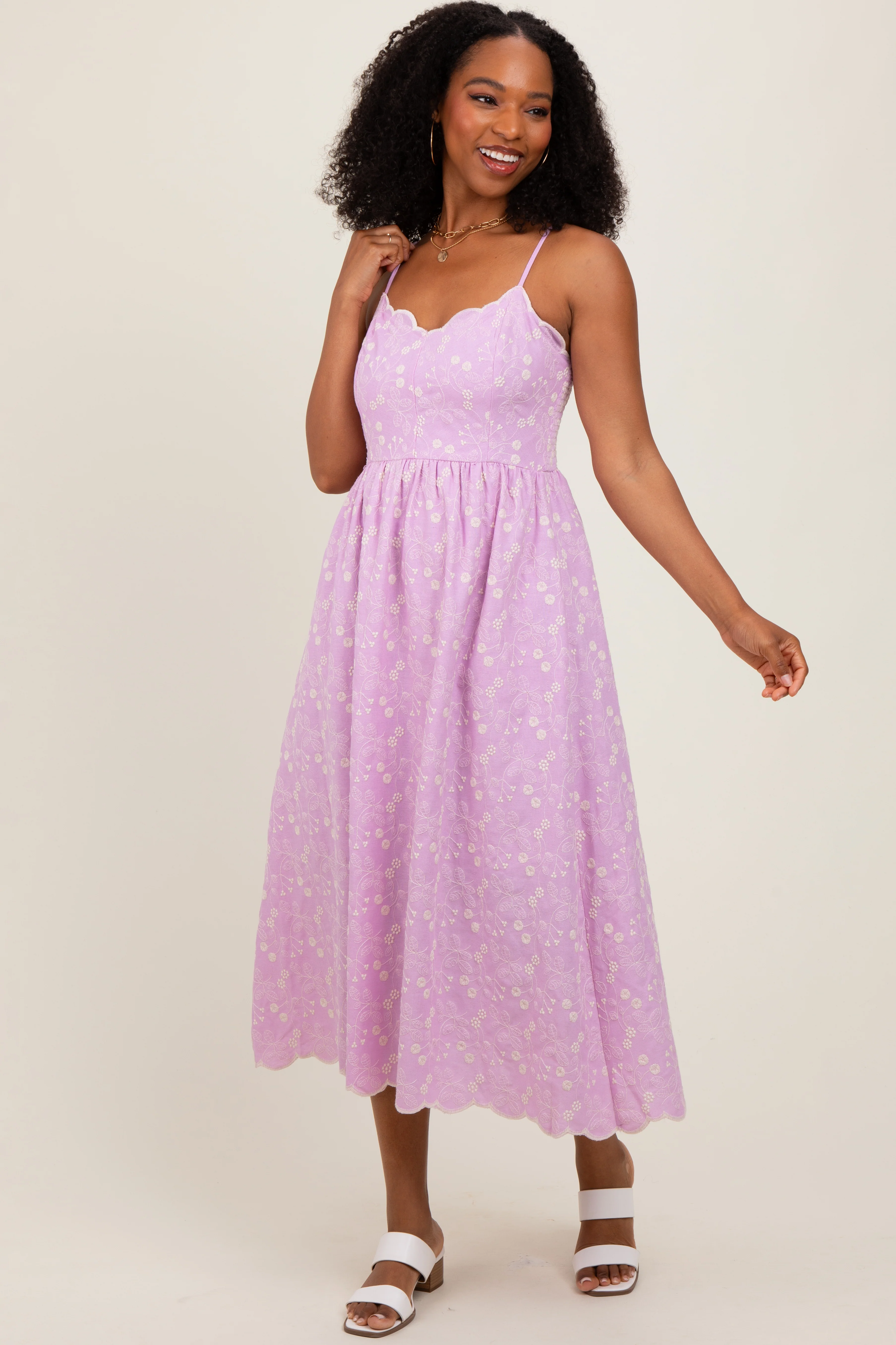 Lavender Floral Embroidered Scallop Detail Maternity Midi Dress - Image 5