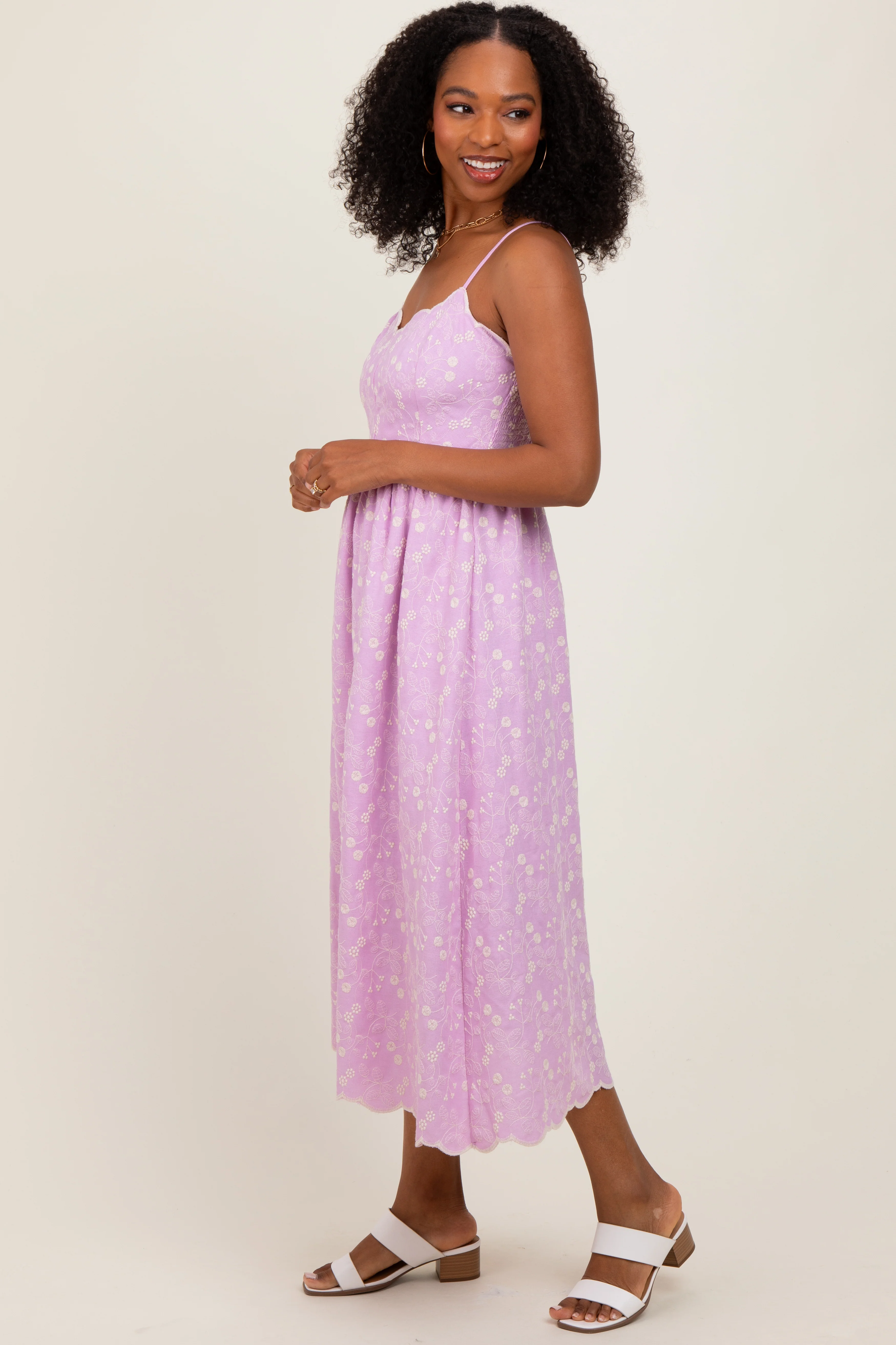 Lavender Floral Embroidered Scallop Detail Midi Dress - Image 3